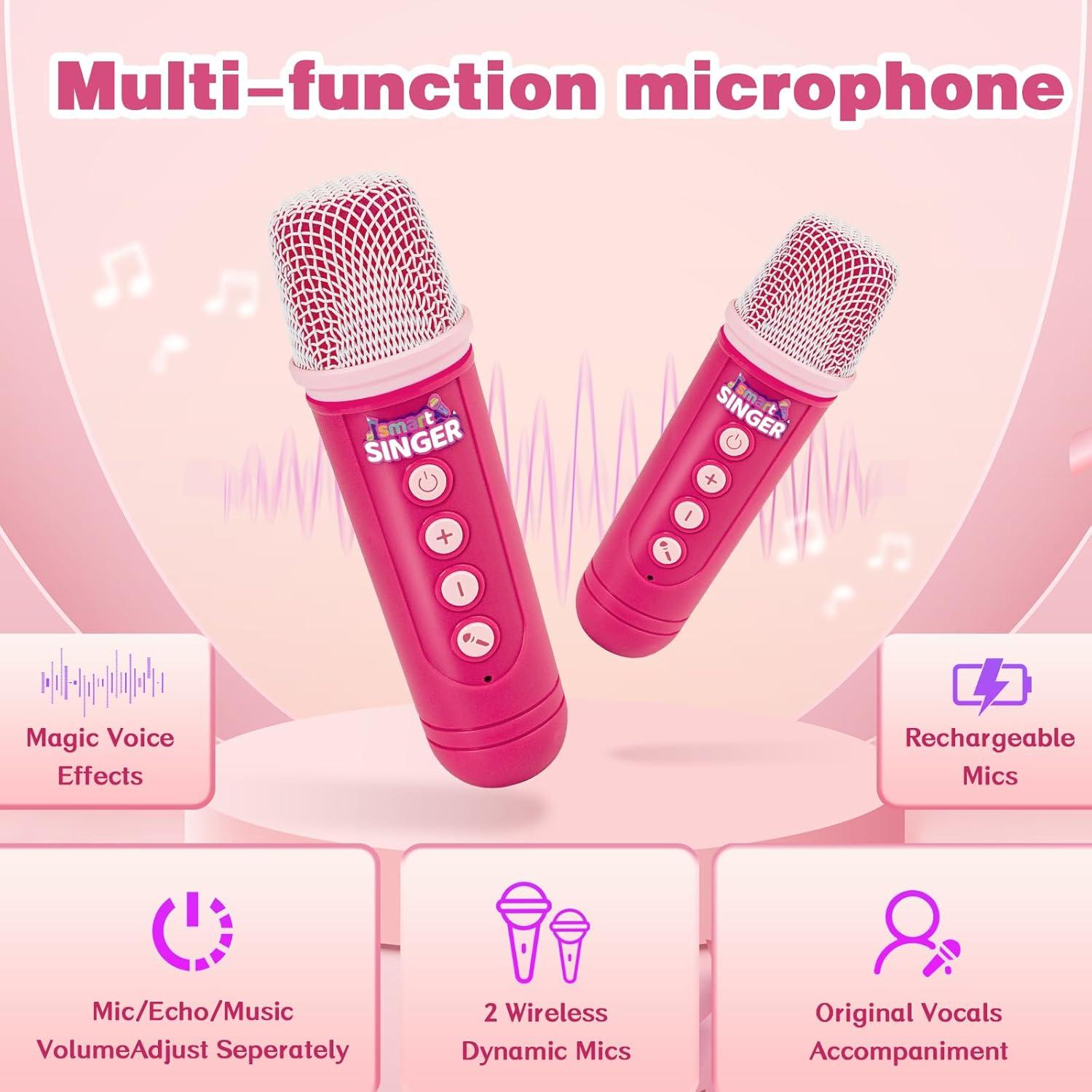 Mini Máquina de Karaoke Rosa para Niñas con Bluetooth y 2 Micrófonos