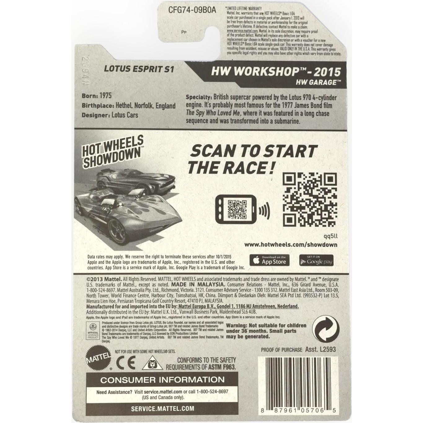 Hot Wheels Lotus Esprit S1 Blanco 2015 Coleccionista