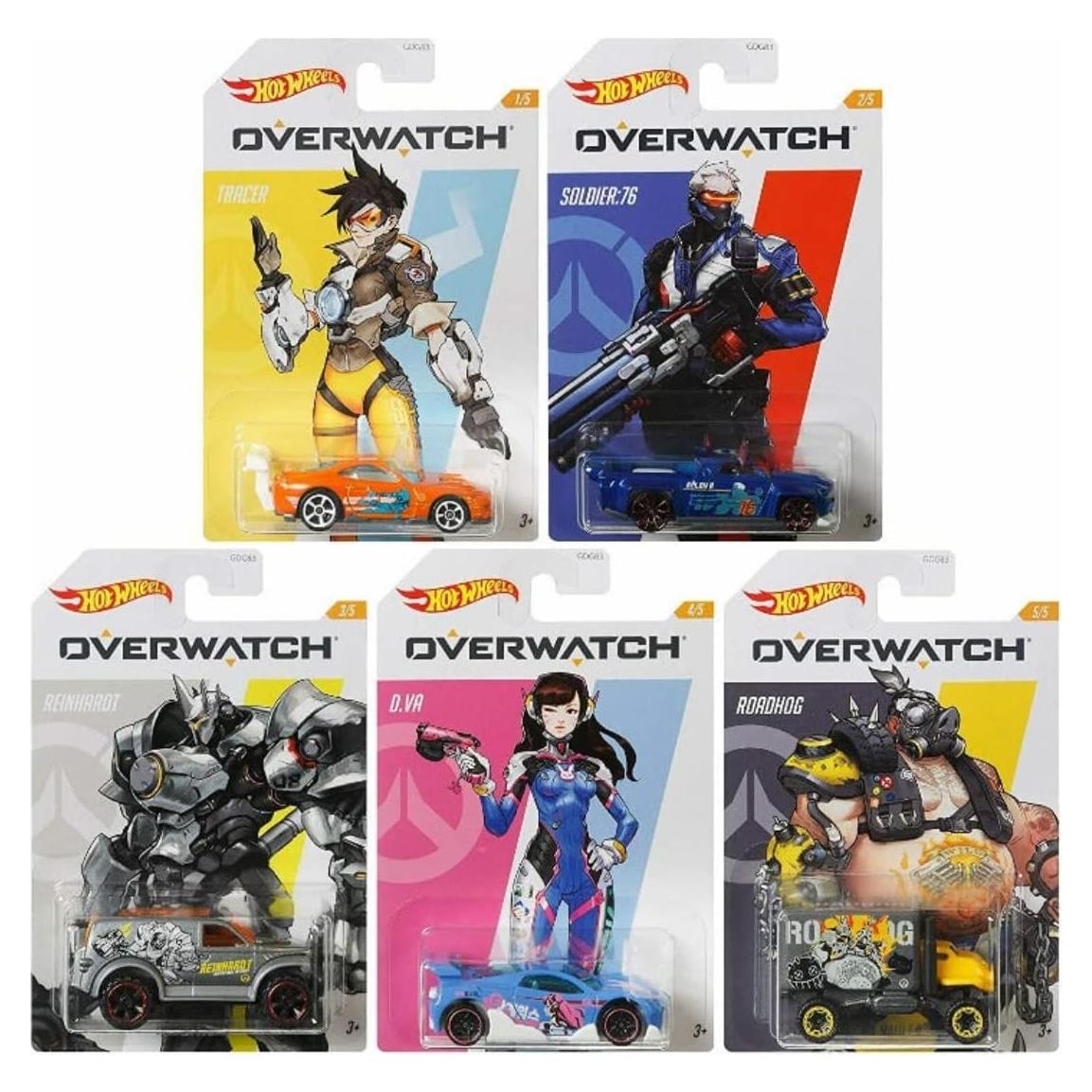 Paquete de 5 coches Hot Wheels Overwatch - Tracer, Soldado:76, Reinhardt, D.Va, Roadhog