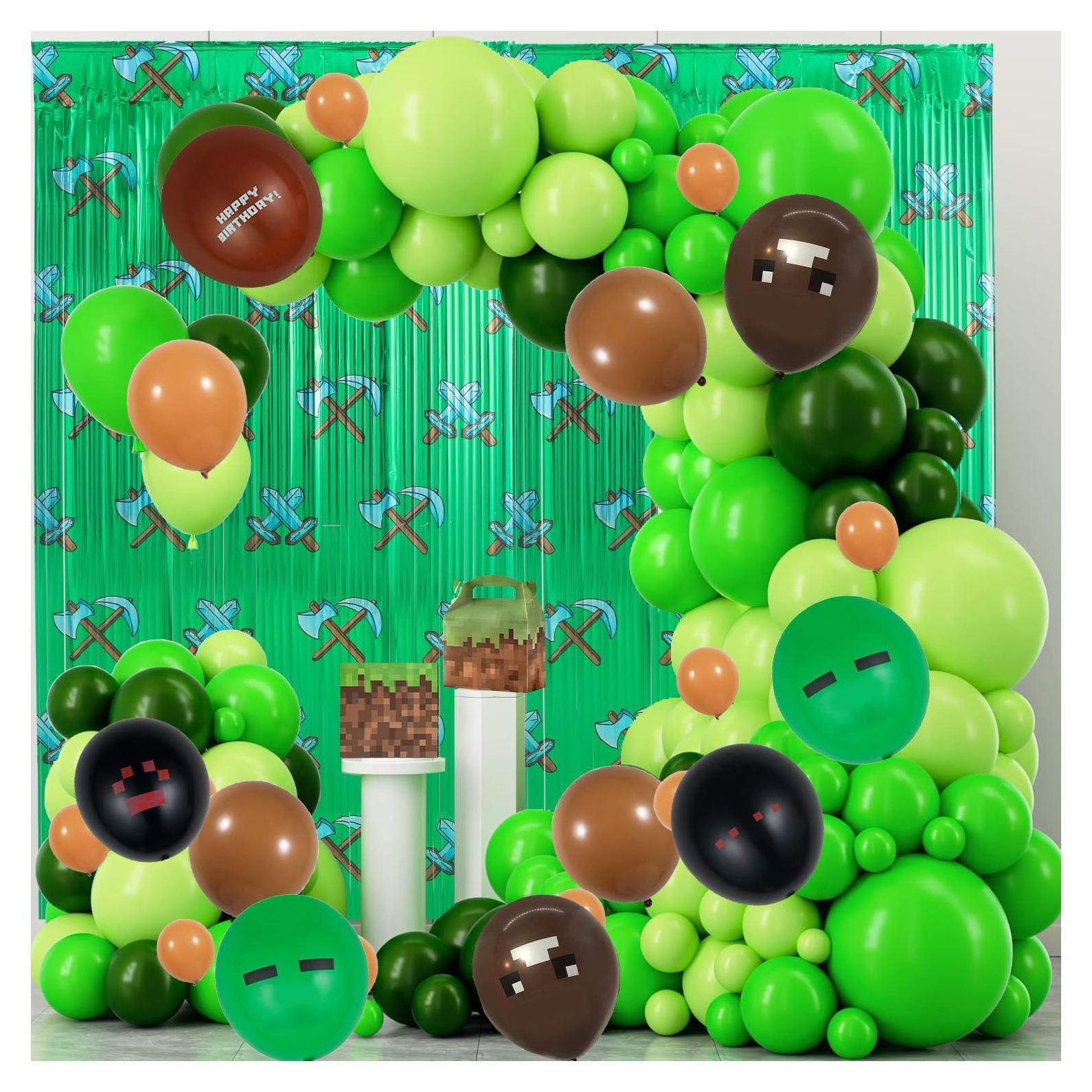 Kit de Decoración de Globos Miner Pixel - 123 Pcs + 2 Cortinas 1x2 m