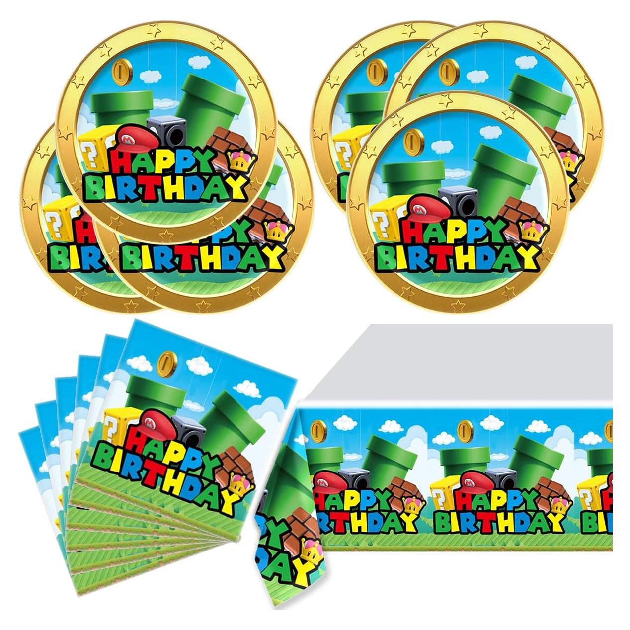 Artículos de Fiesta Super Bros - 20 Platos, 20 Servilletas y Mantel 180x107 cm