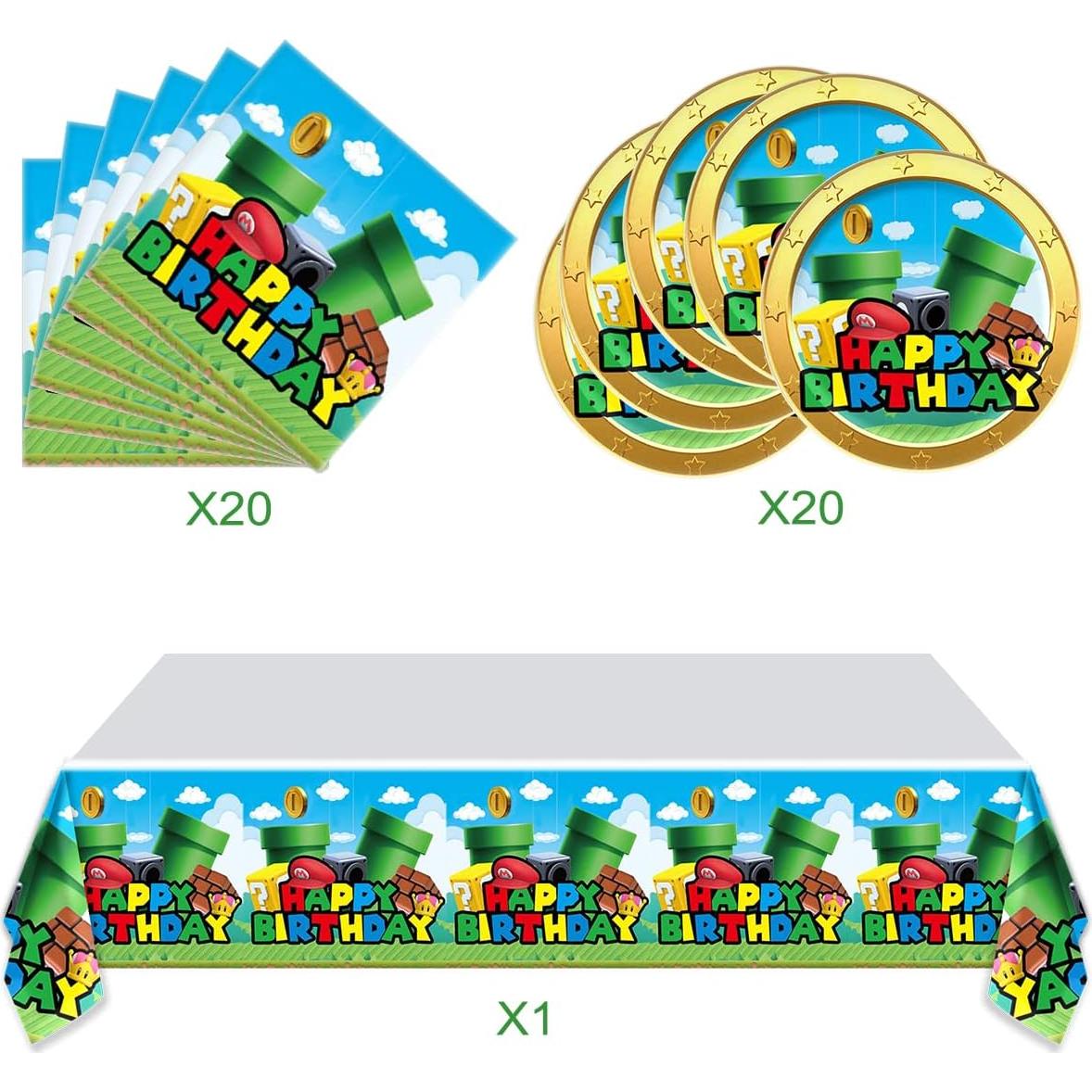 Artículos de Fiesta Super Bros - 20 Platos, 20 Servilletas y Mantel 180x107 cm