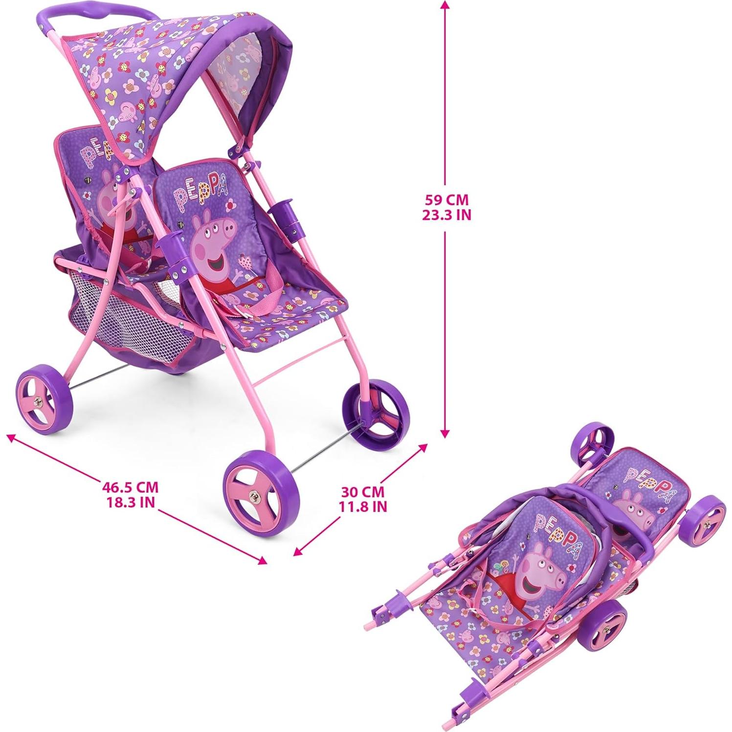 Cochecito Gemelar de Muñecas Peppa Pig - Púrpura y Rosa, 2 Asientos