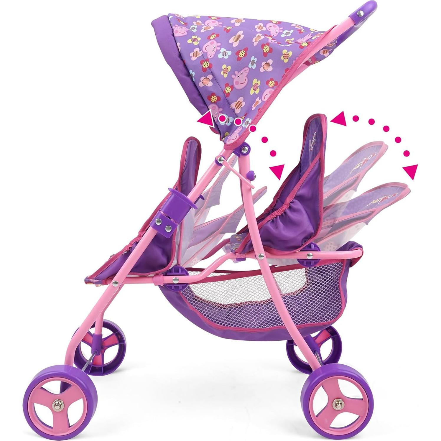 Cochecito Gemelar de Muñecas Peppa Pig - Púrpura y Rosa, 2 Asientos