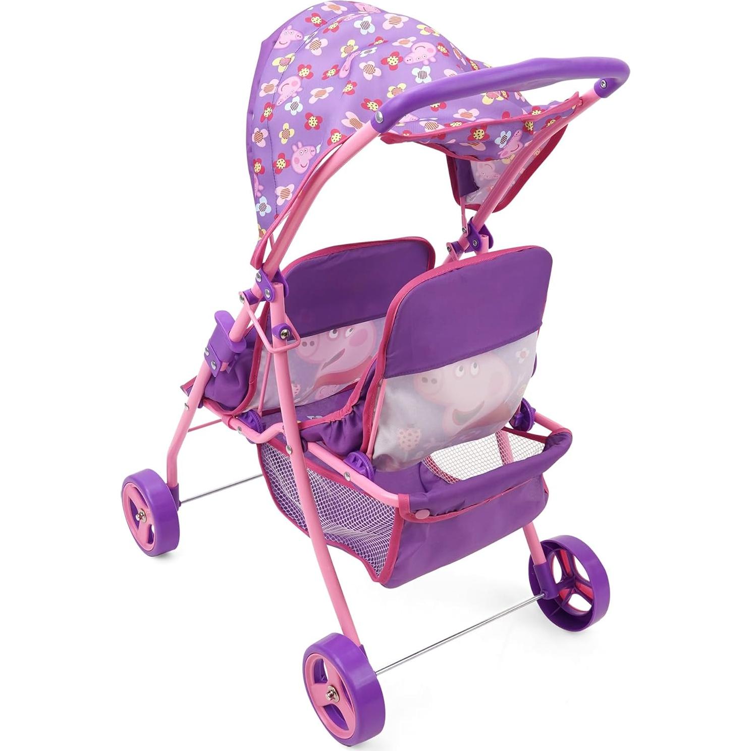 Cochecito Gemelar de Muñecas Peppa Pig - Púrpura y Rosa, 2 Asientos