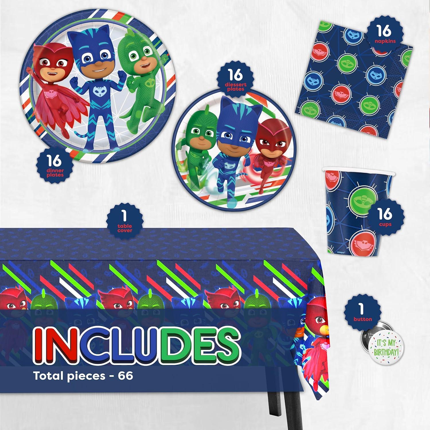 Kit de Fiesta de Cumpleaños PJ Masks - 16 Invitados, Decoraciones y Vajilla