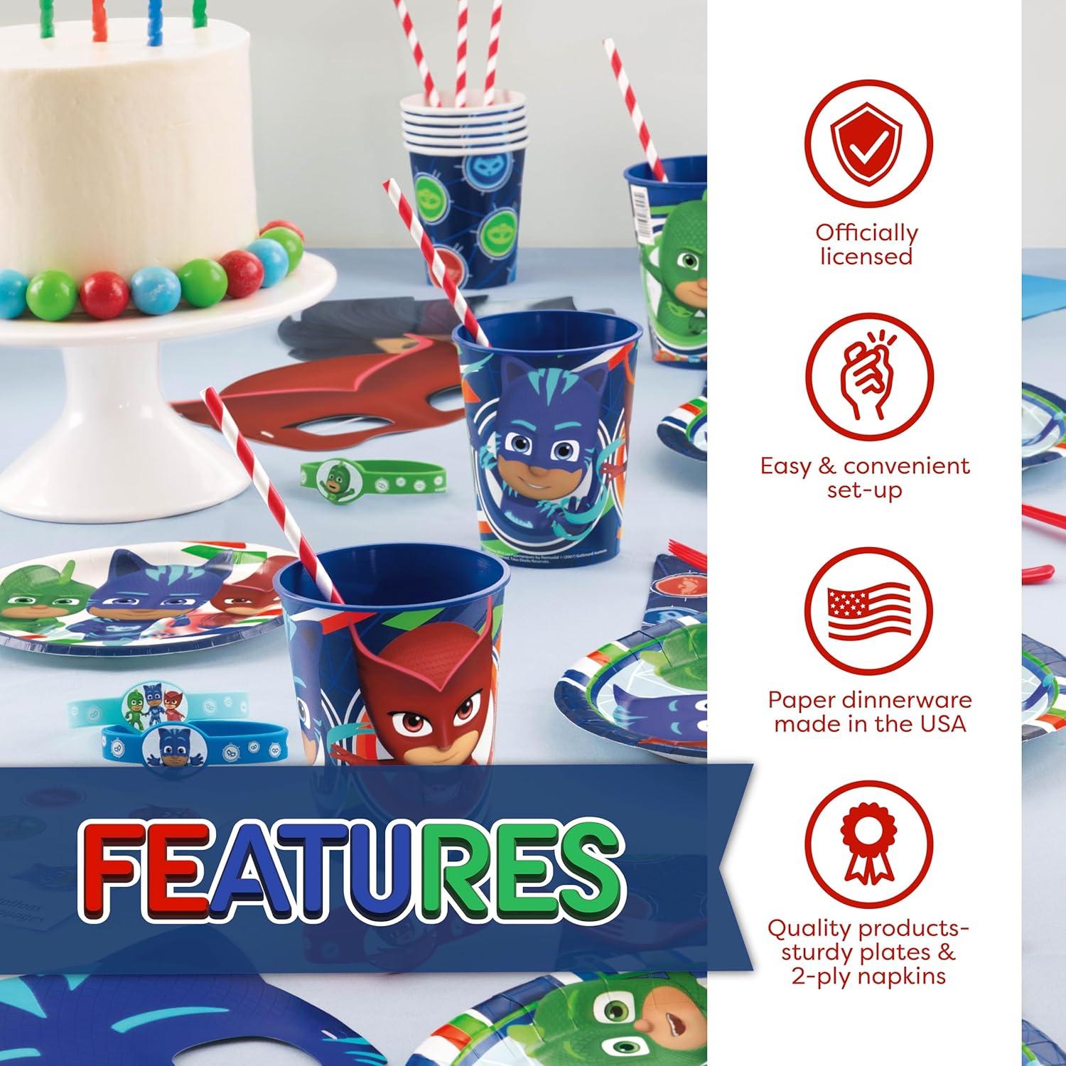 Kit de Fiesta de Cumpleaños PJ Masks - 16 Invitados, Decoraciones y Vajilla