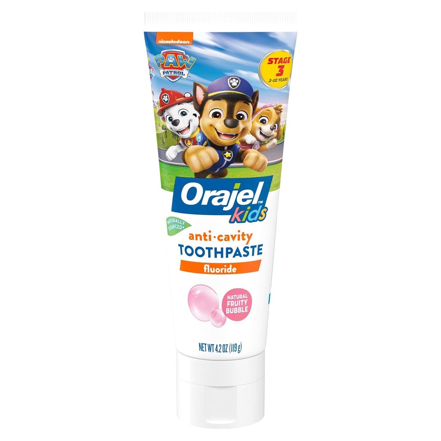 Orajel Kids Paw Patrol Anti-Cavity Fluoride Toothpaste, Natural Fruity Bubble Flavor, 4.2oz Tube