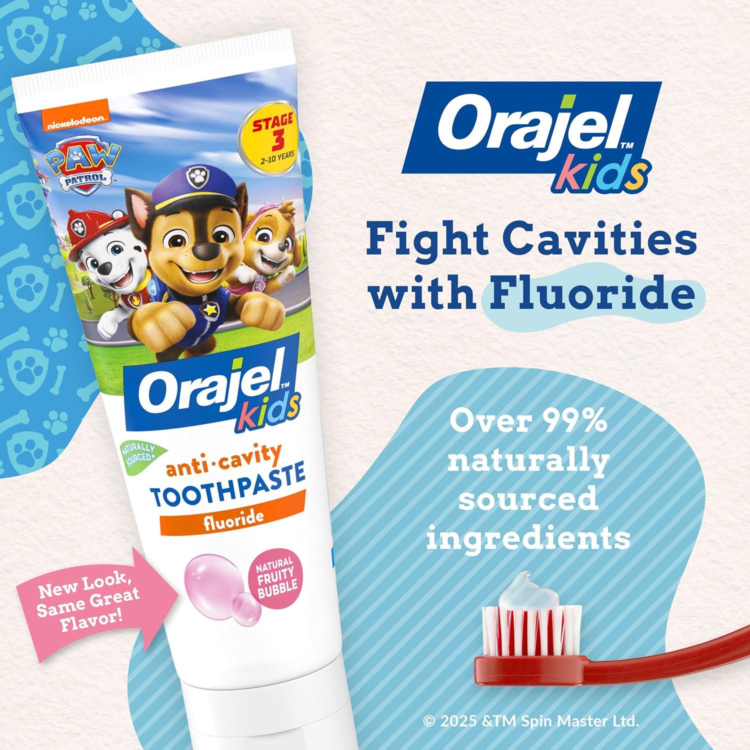 Orajel Kids Paw Patrol Anti-Cavity Fluoride Toothpaste, Natural Fruity Bubble Flavor, 4.2oz Tube