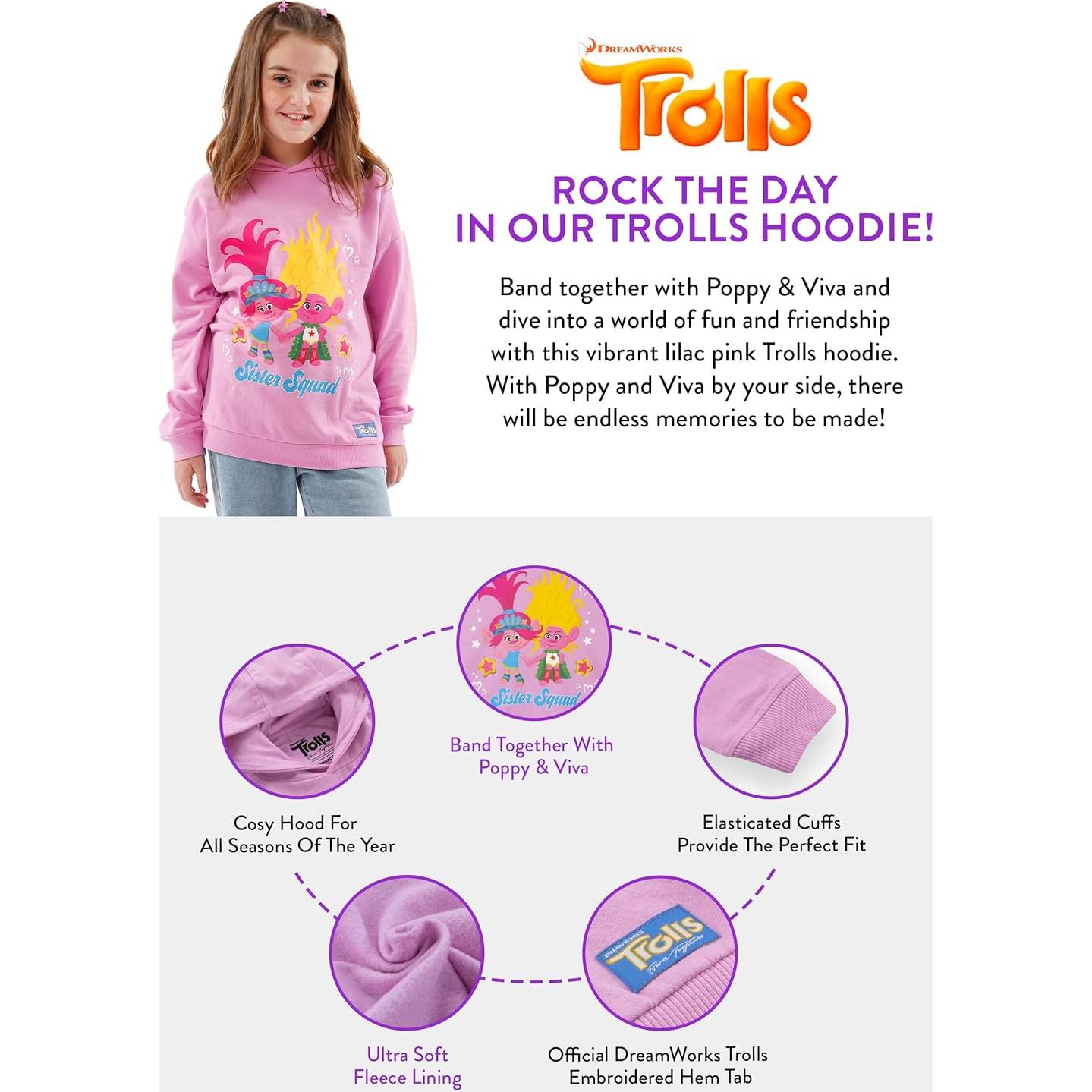 Sudadera con capucha Trolls DreamWorks para niñas 100% algodón