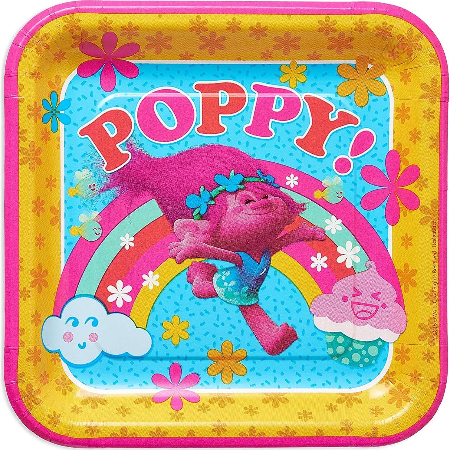 Platos de Papel Cuadrados Poppy Trolls 23 cm - 8 Piezas