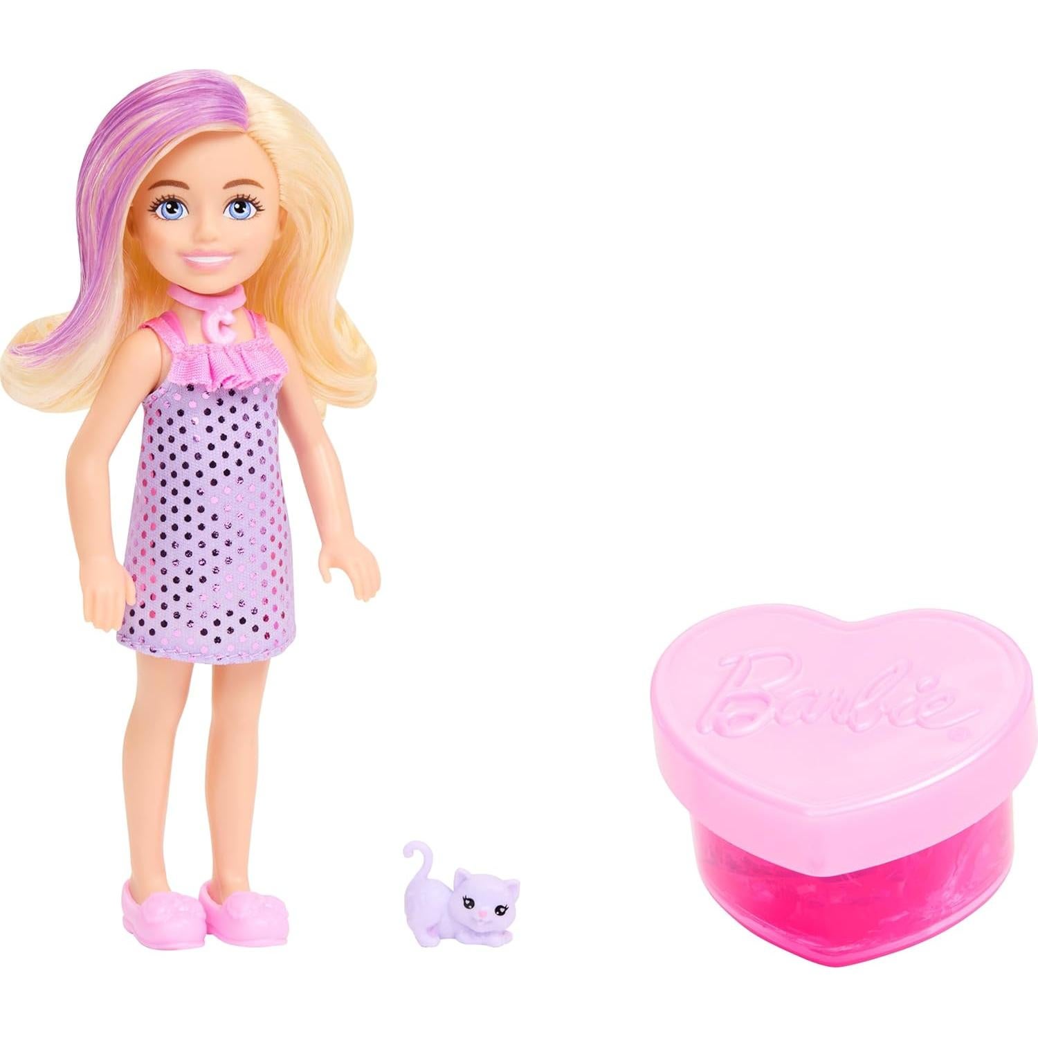 Muñeca Chelsea Barbie Fiesta Glam con 6 Sorprisas y Mascota