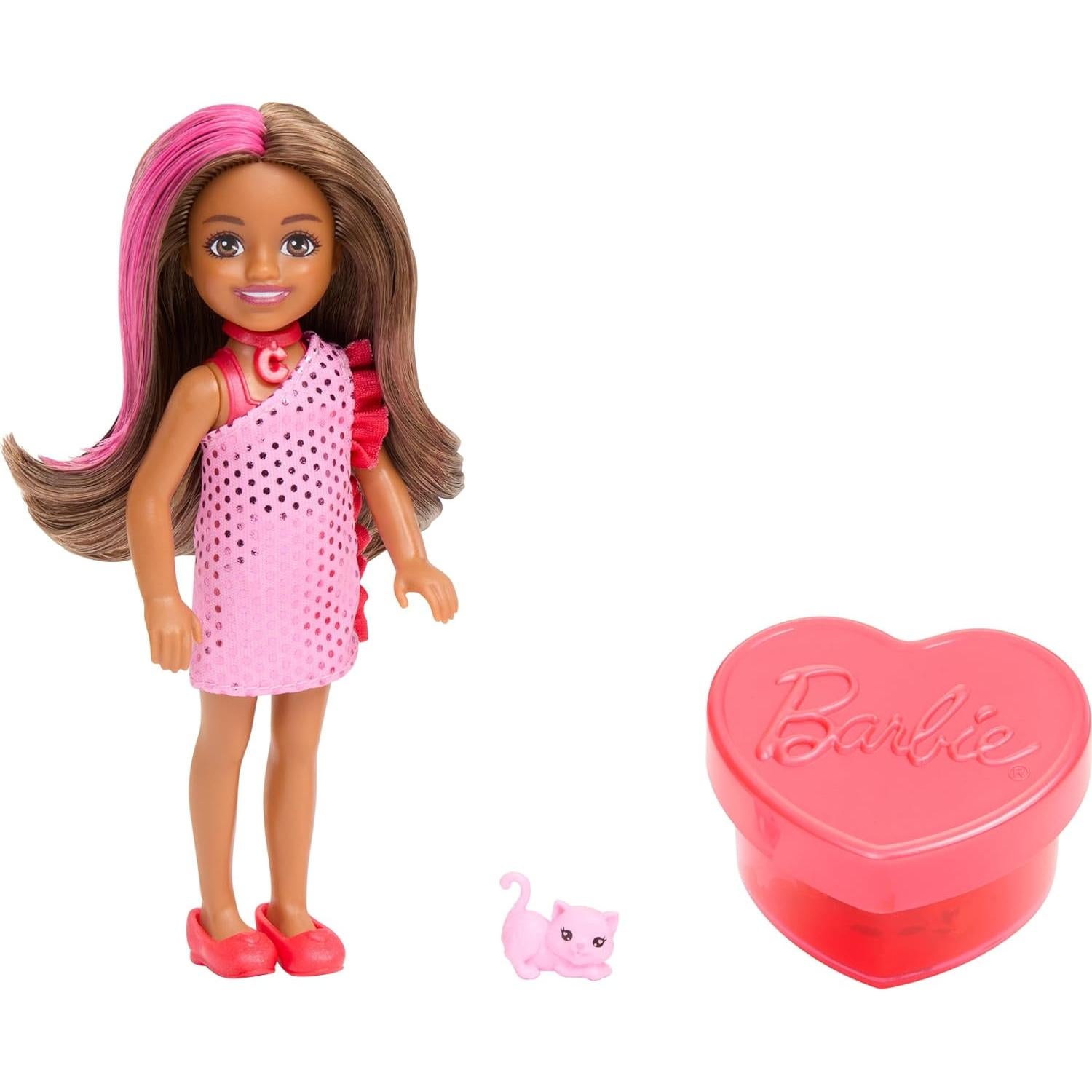 Muñeca Chelsea Barbie Fiesta Glam con 6 Sorprisas y Mascota