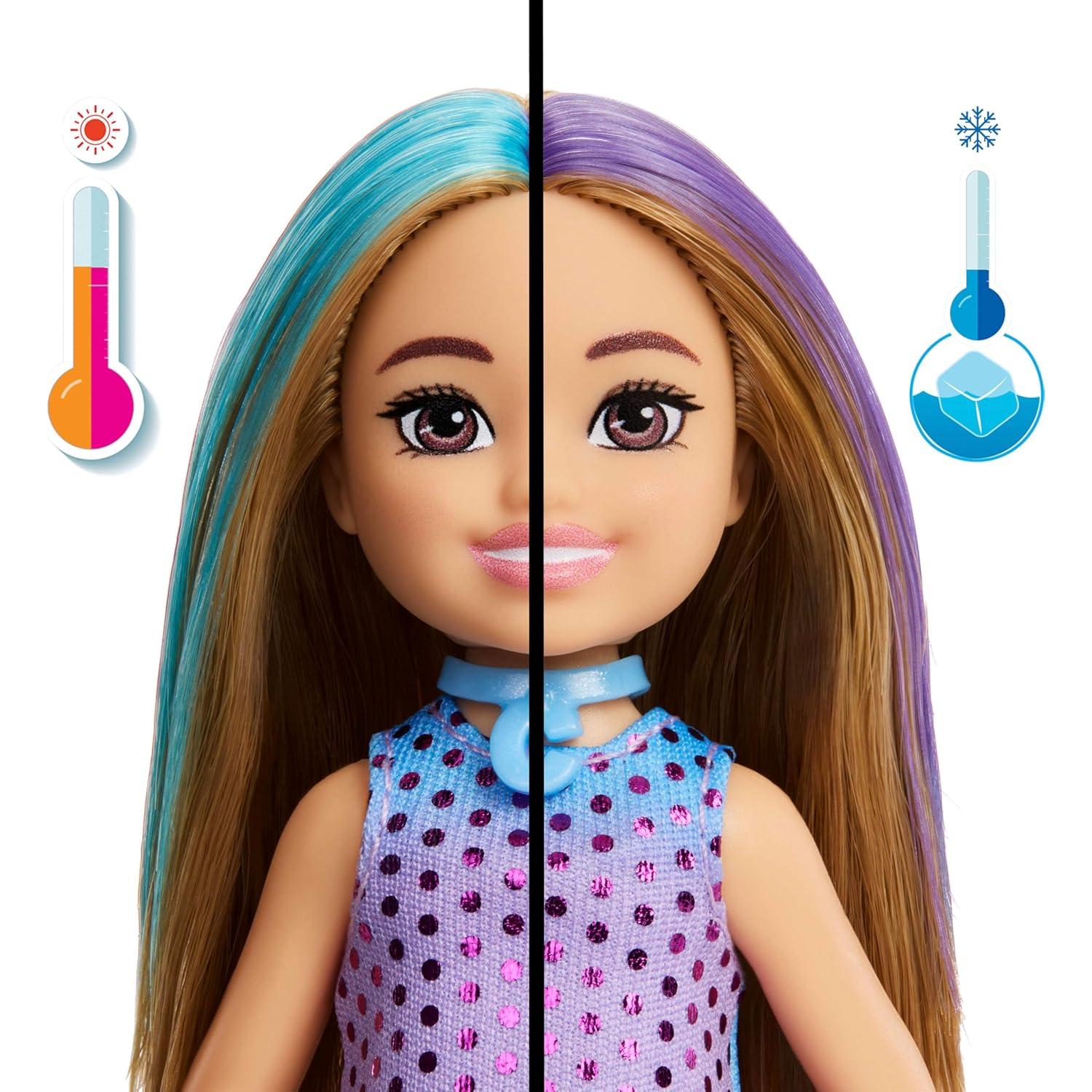 Muñeca Chelsea Barbie Fiesta Glam con 6 Sorprisas y Mascota