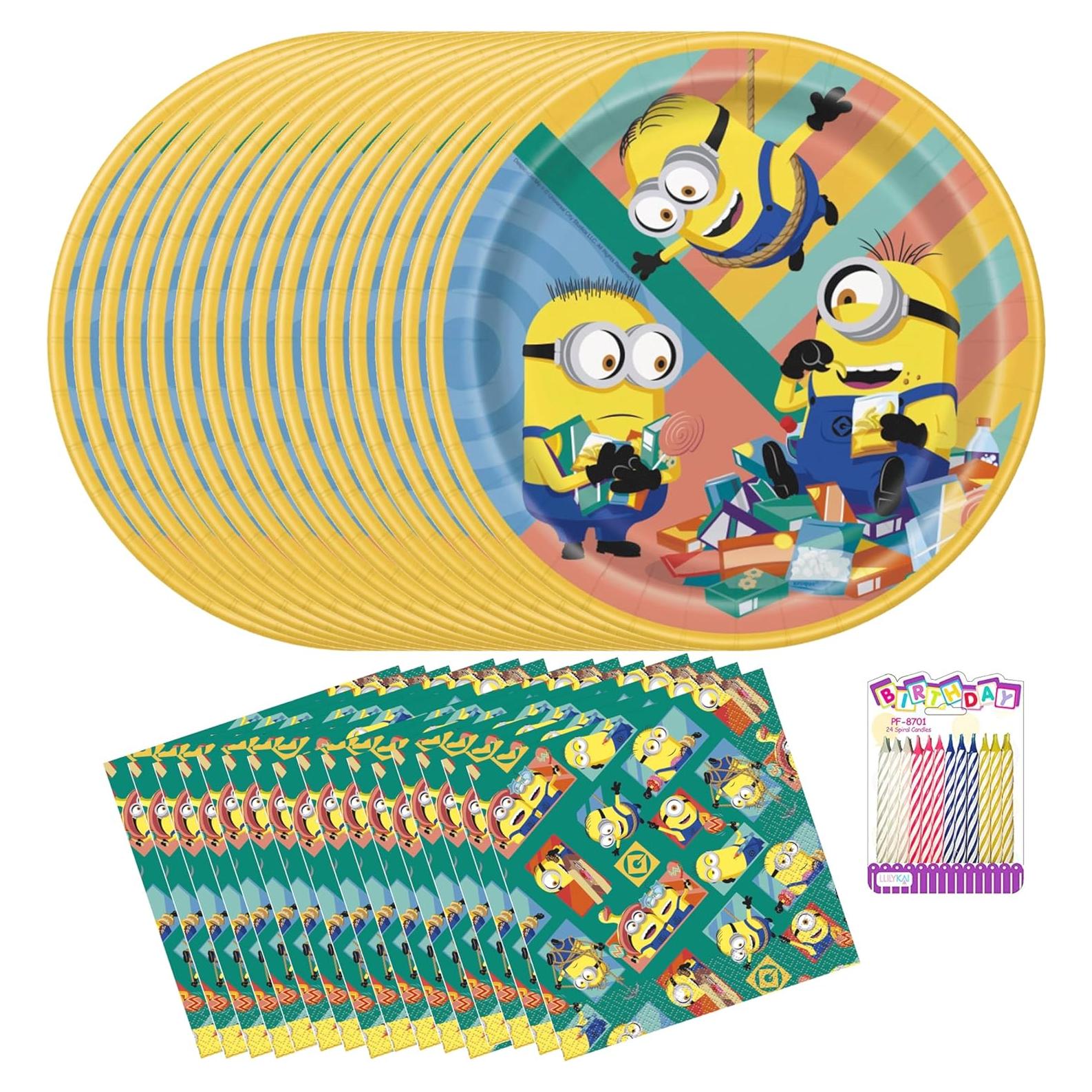 Set de Fiesta de Cumpleaños Minions para 16 Invitados - Platos y Velas