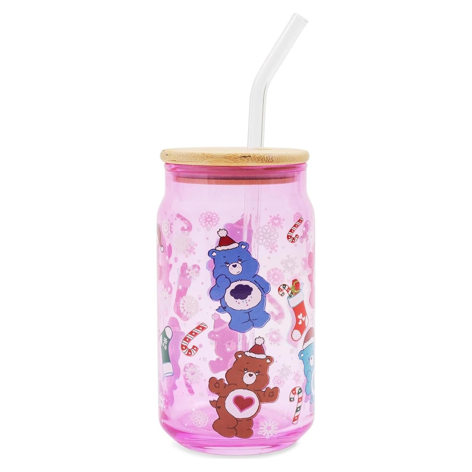 Vaso de vidrio Care Bears con tapa de bambú y popote 473ml