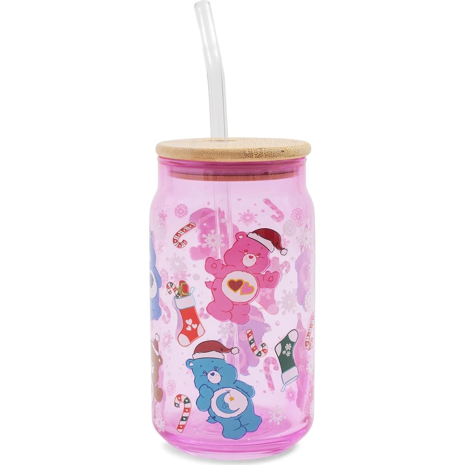 Vaso de vidrio Care Bears con tapa de bambú y popote 473ml