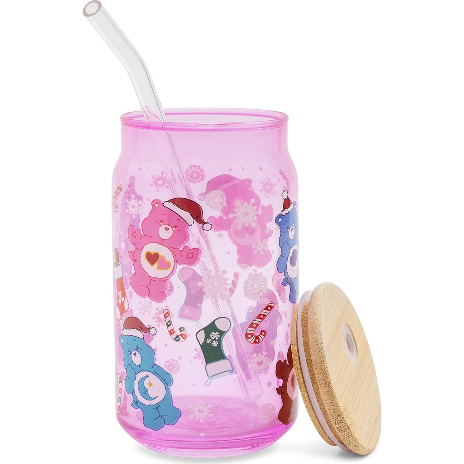 Vaso de vidrio Care Bears con tapa de bambú y popote 473ml
