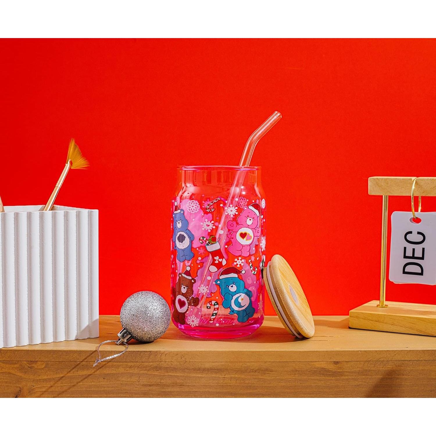 Vaso de vidrio Care Bears con tapa de bambú y popote 473ml