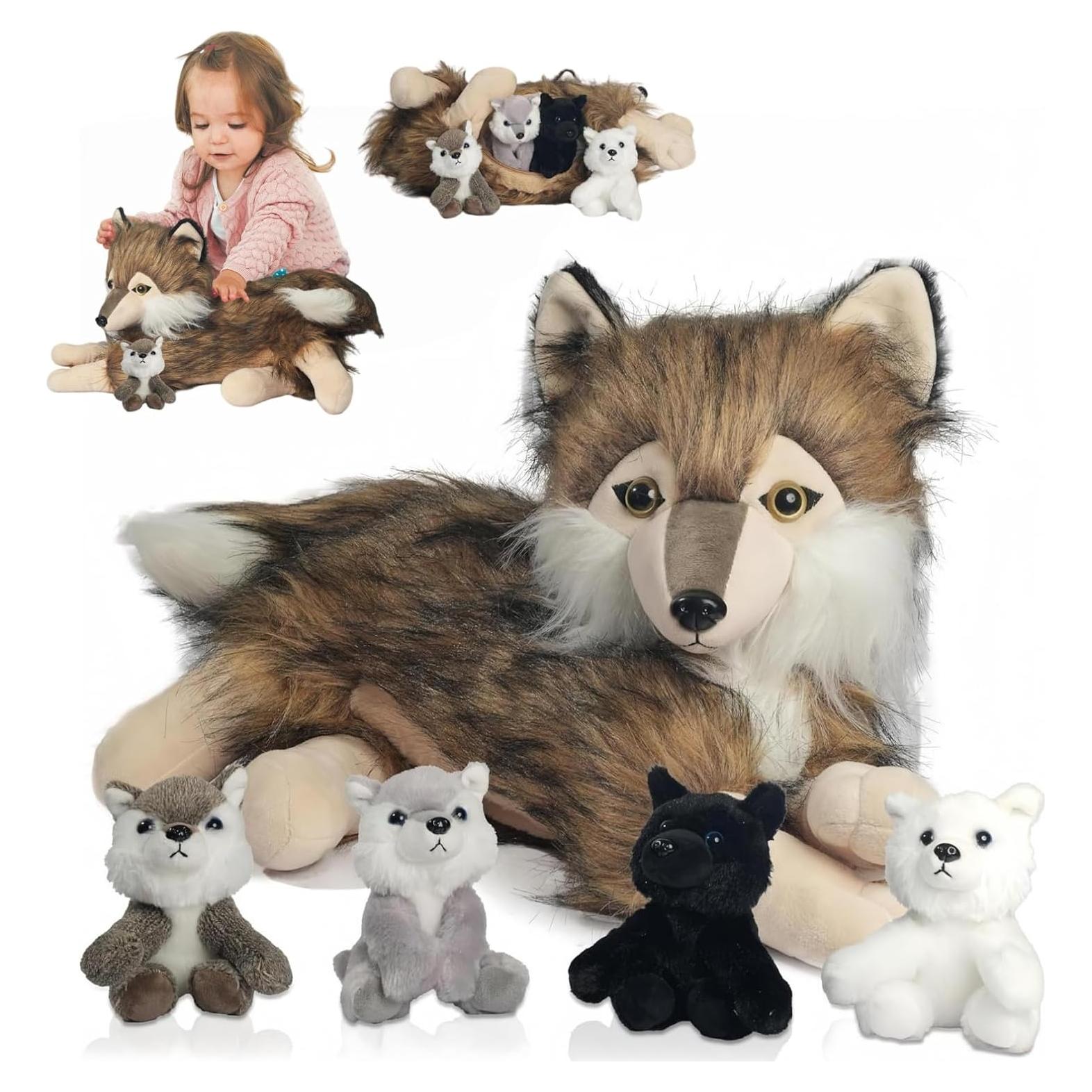 Juego de Peluche Lobo Grande 40 cm con 4 Lobitos - Youthfuljive