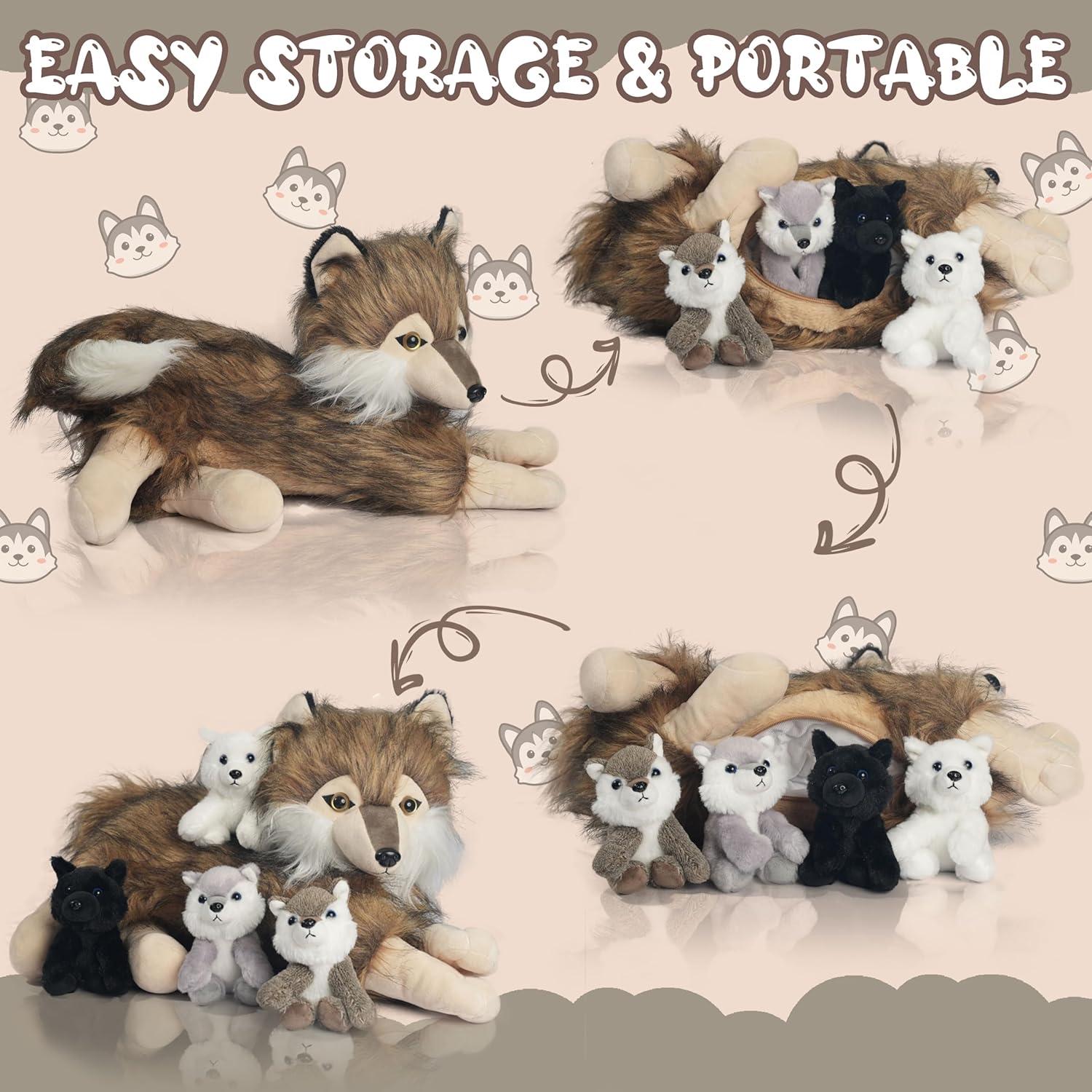 Juego de Peluche Lobo Grande 40 cm con 4 Lobitos - Youthfuljive