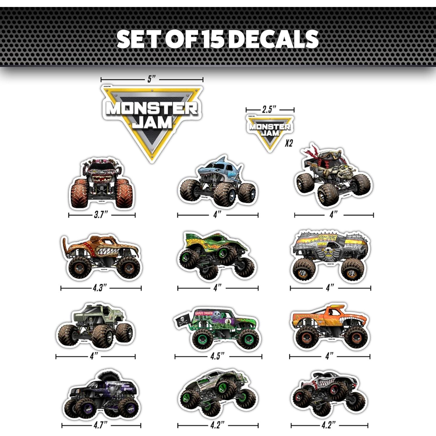 Conjunto de 15 Calcomanías Monster Jam - Grave Digger, El Toro Loco y Más