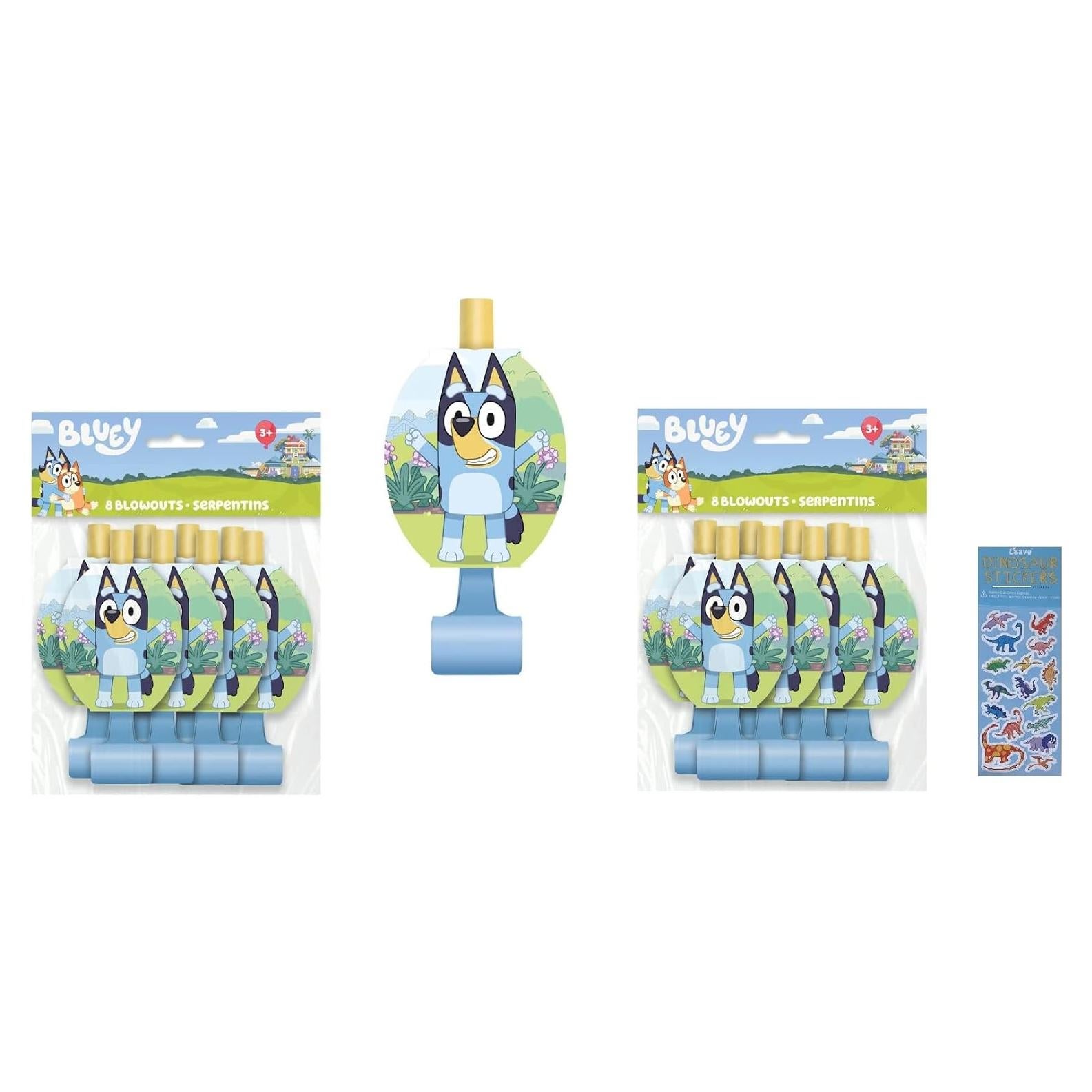 Suministros Fiesta Cumpleaños Bluey - 16 Silbatos + Stickers