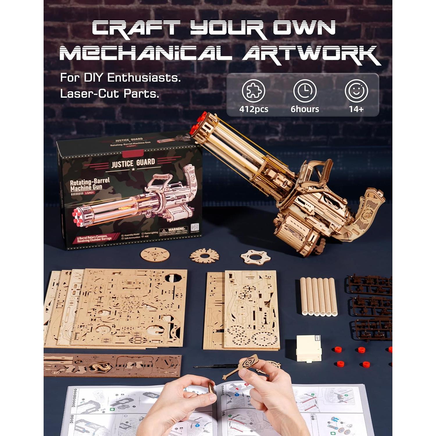 Rompecabezas 3D de Madera ROBOTIME Ametralladora Rotativa