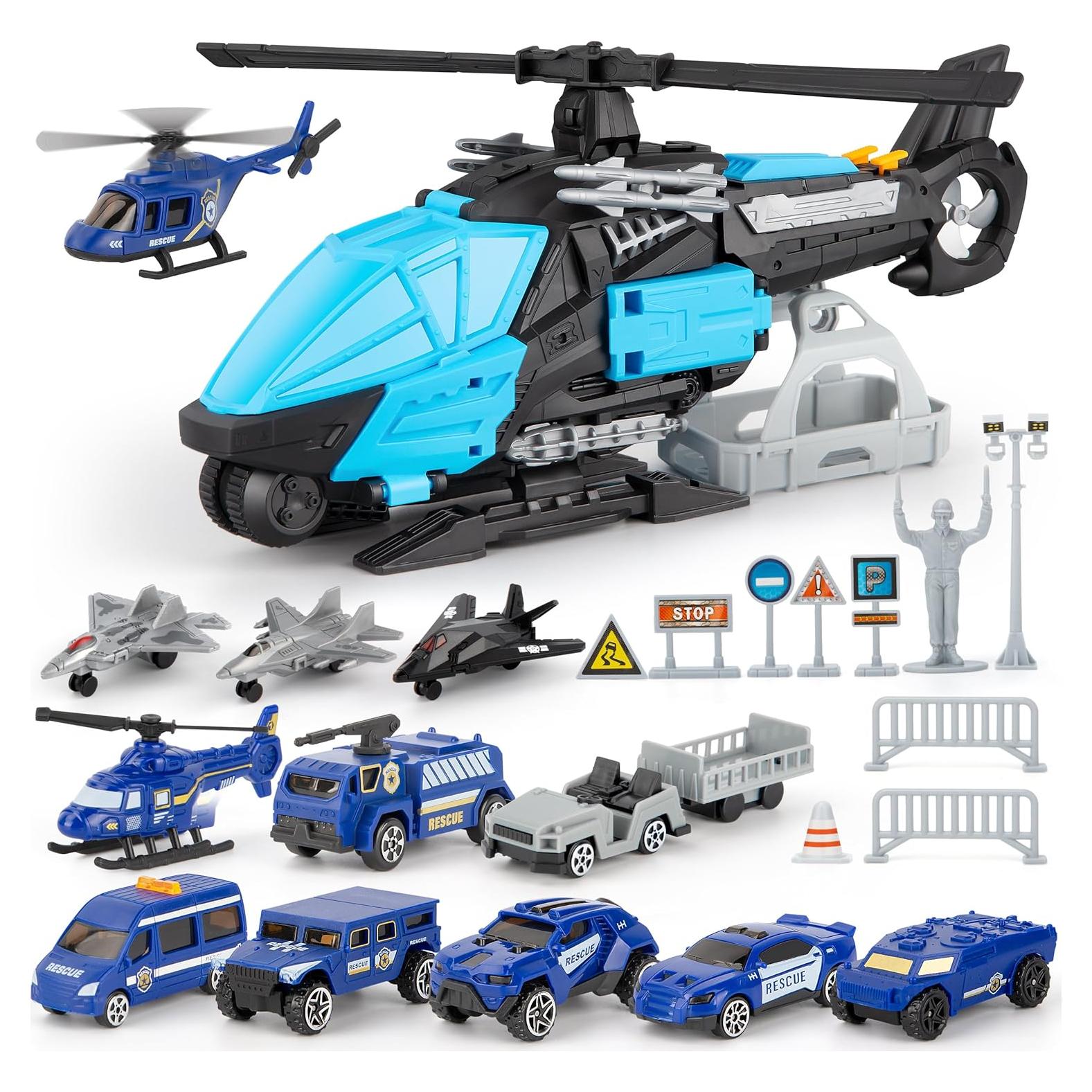 Juego de Juguete Helicóptero Policía XDUOYJOY 2-en-1 con Vehículos