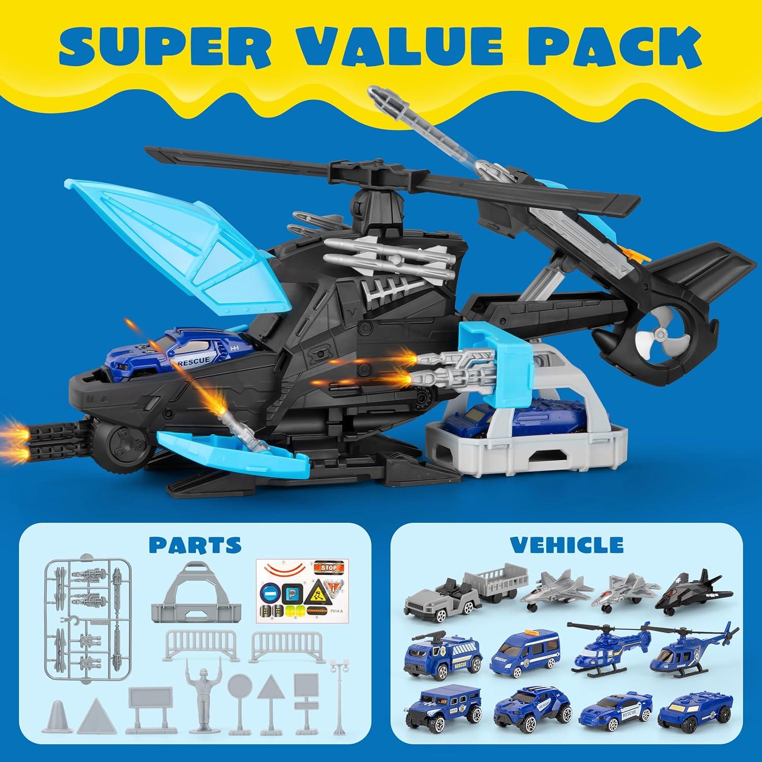 Juego de Juguete Helicóptero Policía XDUOYJOY 2-en-1 con Vehículos