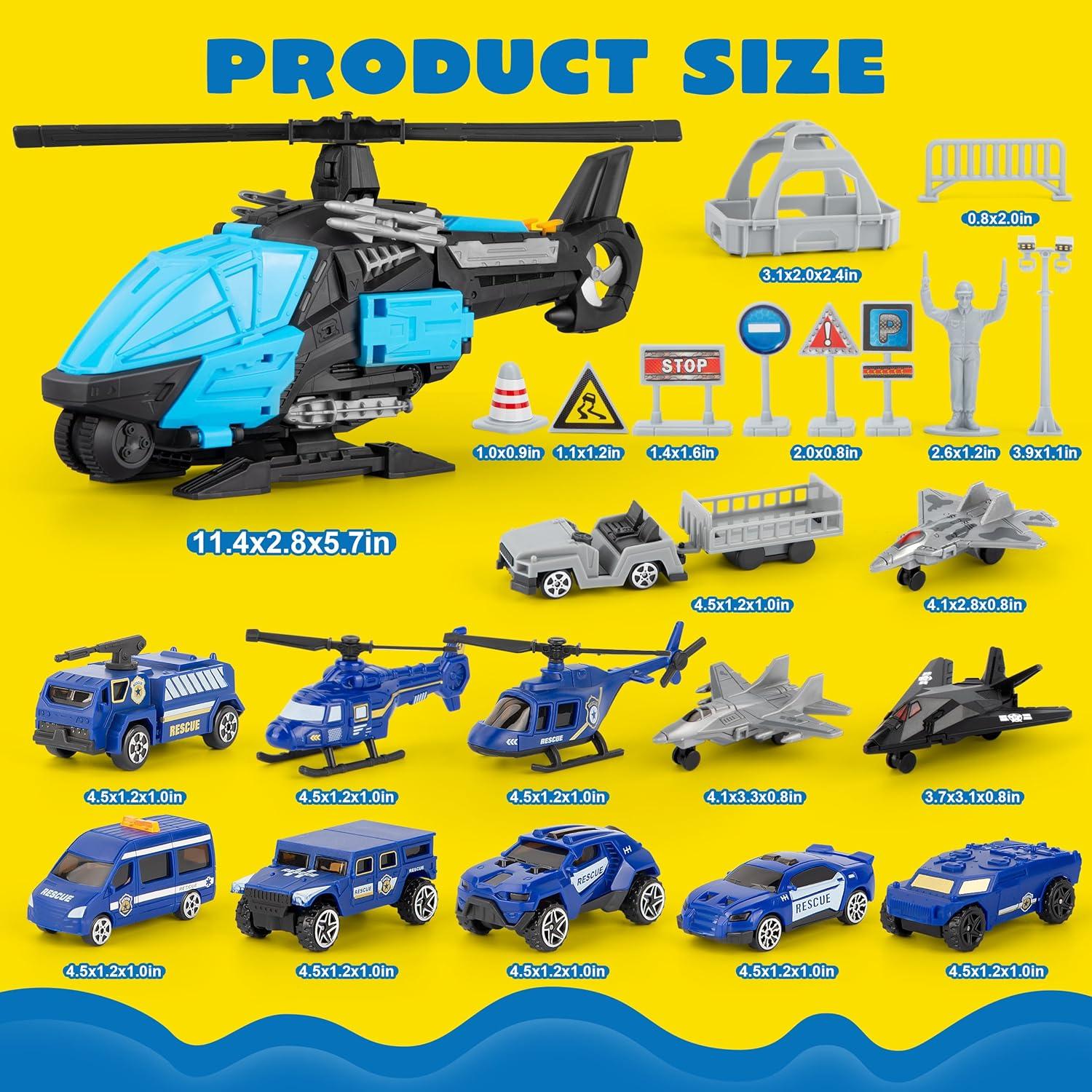 Juego de Juguete Helicóptero Policía XDUOYJOY 2-en-1 con Vehículos