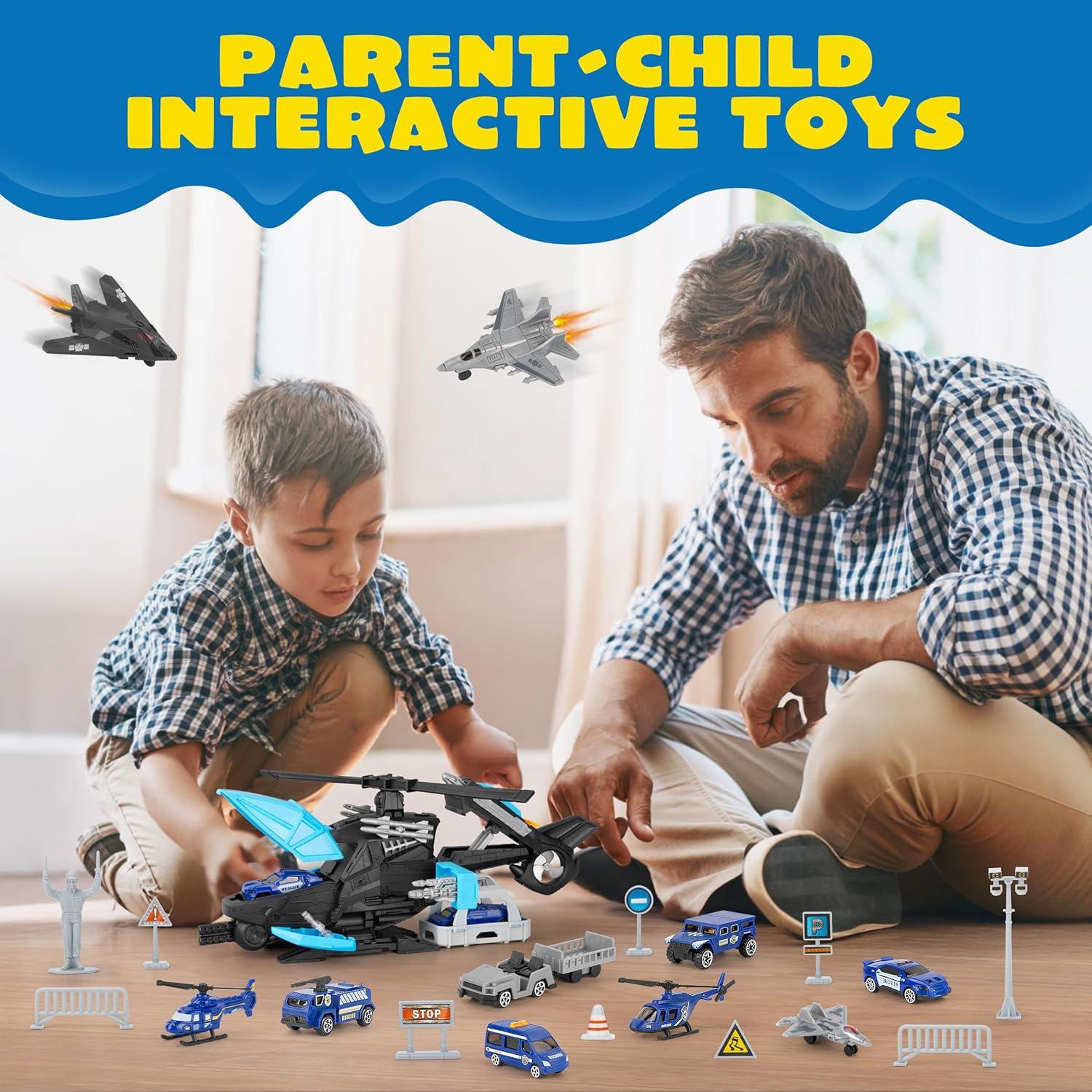 Juego de Juguete Helicóptero Policía XDUOYJOY 2-en-1 con Vehículos