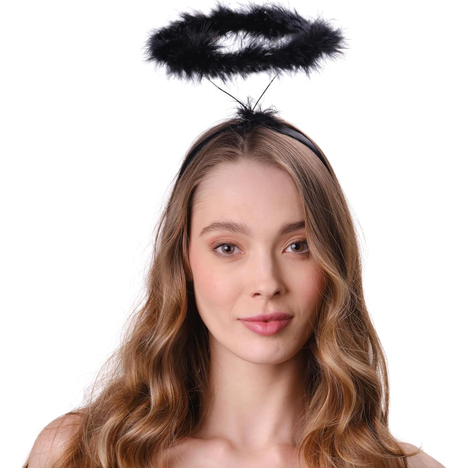 Diademas de Halo de Ángel Funcredible - Plumas Negras y Blancas - 2 Unidades