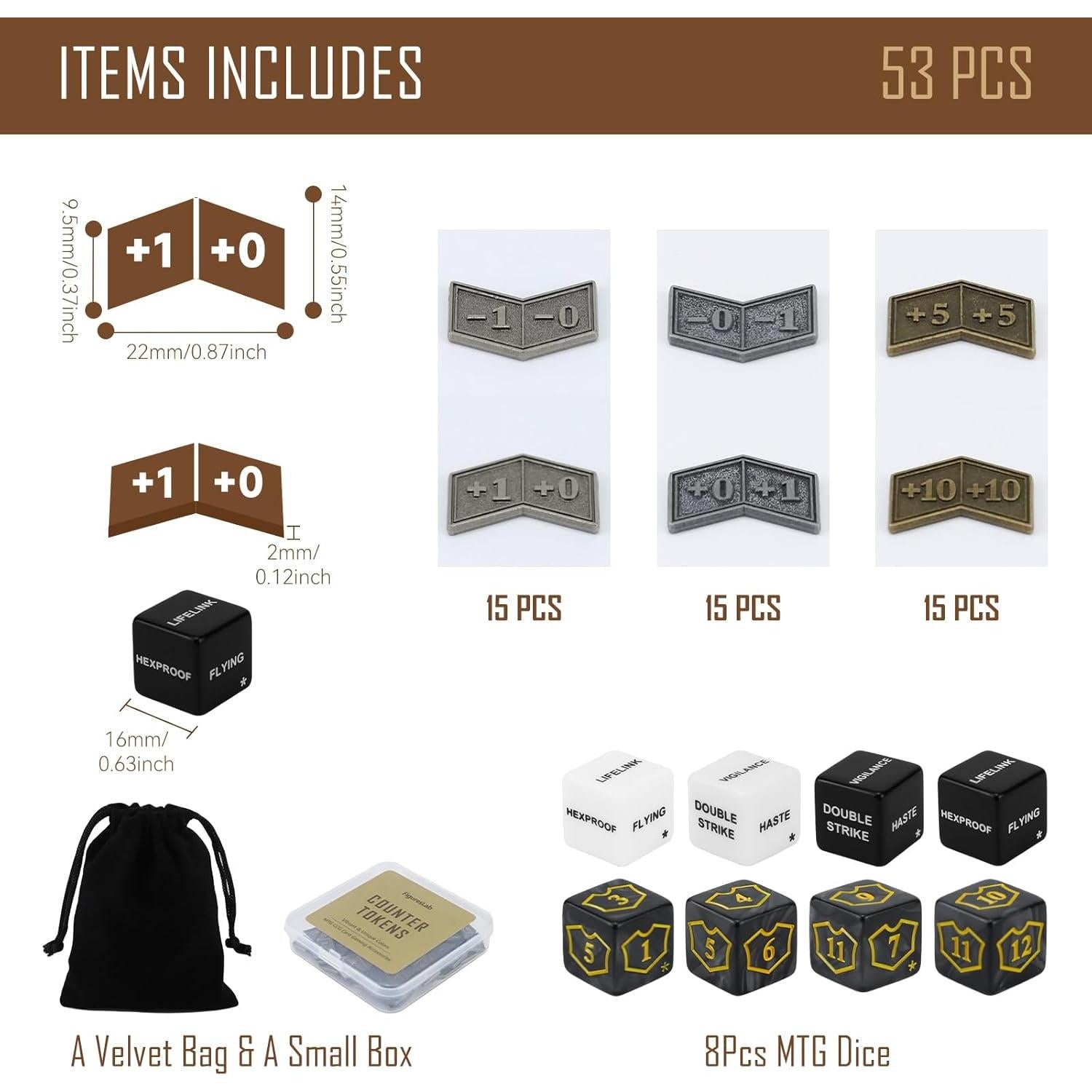Set 53 Piezas Contadores y Dados MTG - Metal y Acrílico