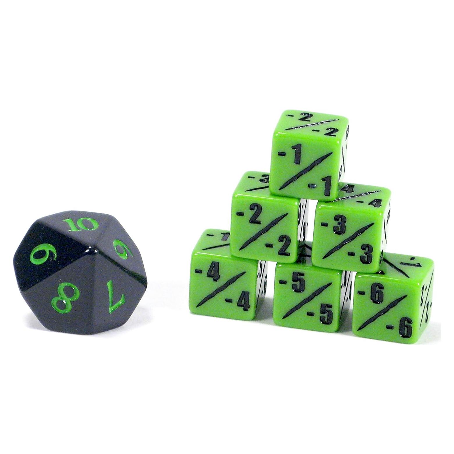 Conjunto de Dados D6 Contadores -1/-1 y D10 Veneno Hedral