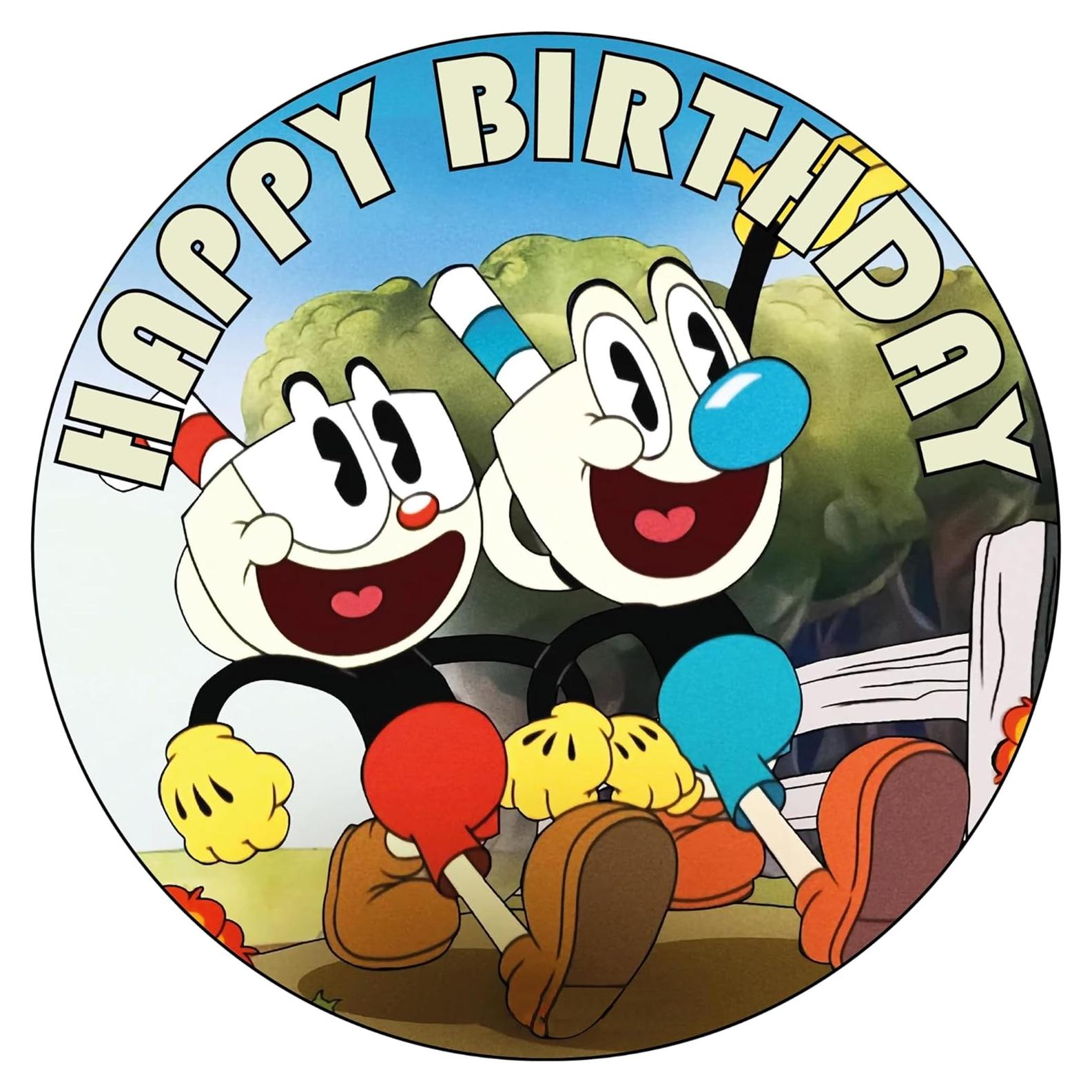 Toppers de pastel comestibles Cuphead 19 cm - Feliz Cumpleaños