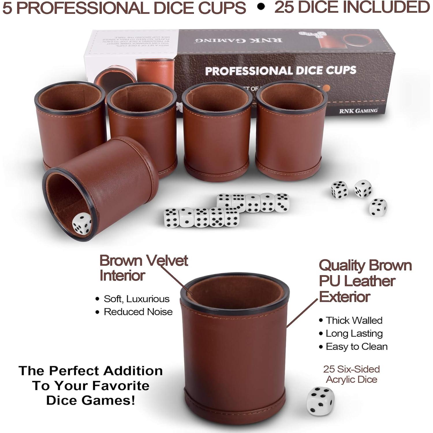 Set de 5 Copas de Dados de Cuero PU con 25 Dados Blancos