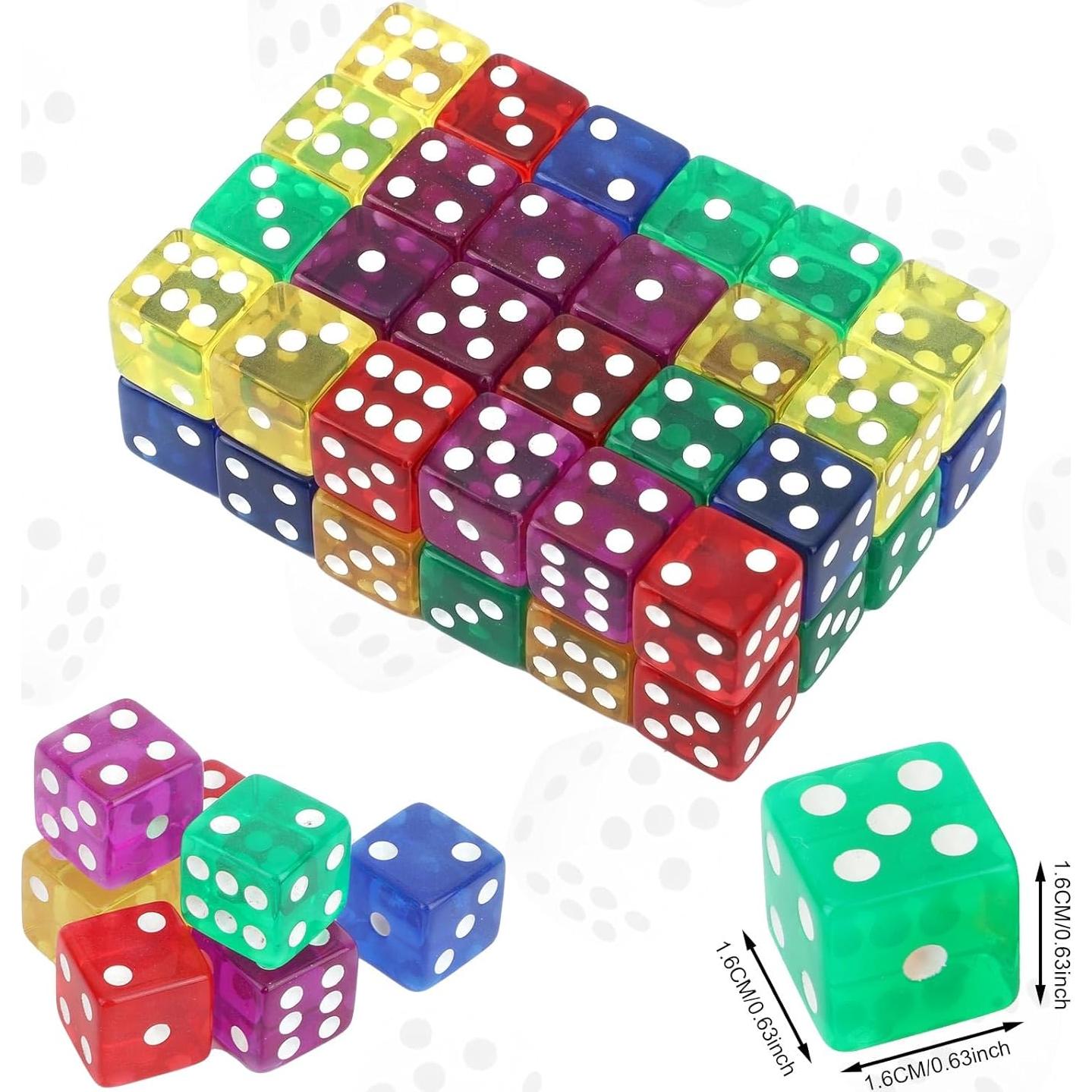 Set de 50 Dados D6 Acrílicos Translúcidos 16mm - 5 Colores