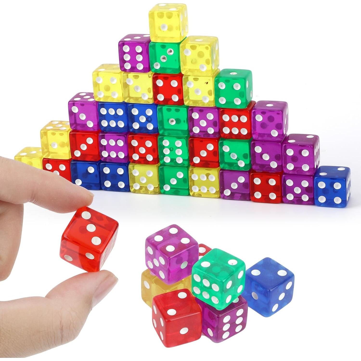 Set de 50 Dados D6 Acrílicos Translúcidos 16mm - 5 Colores