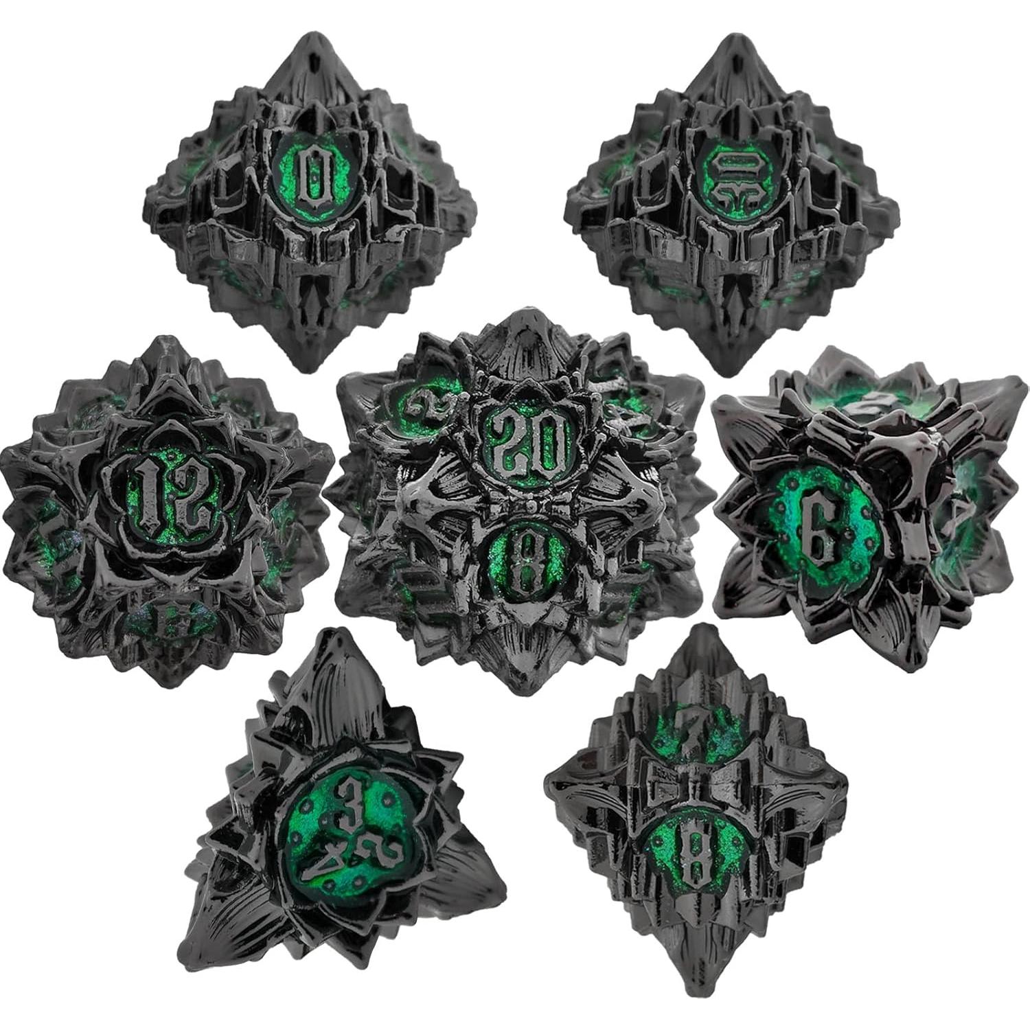 Juego de Dados de Metal 7 Piezas con Bolsa de Almacenamiento Verde