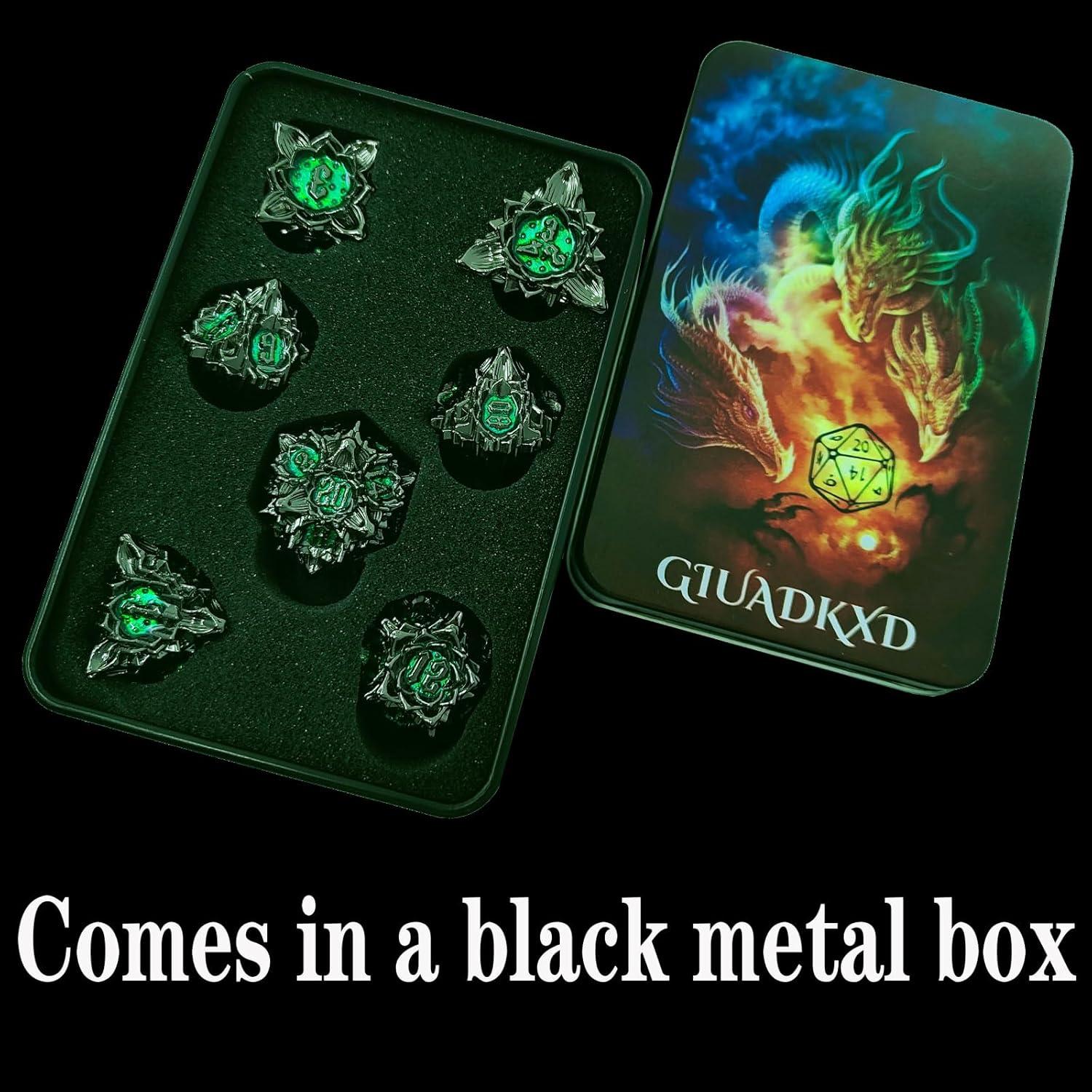 Juego de Dados de Metal 7 Piezas con Bolsa de Almacenamiento Verde