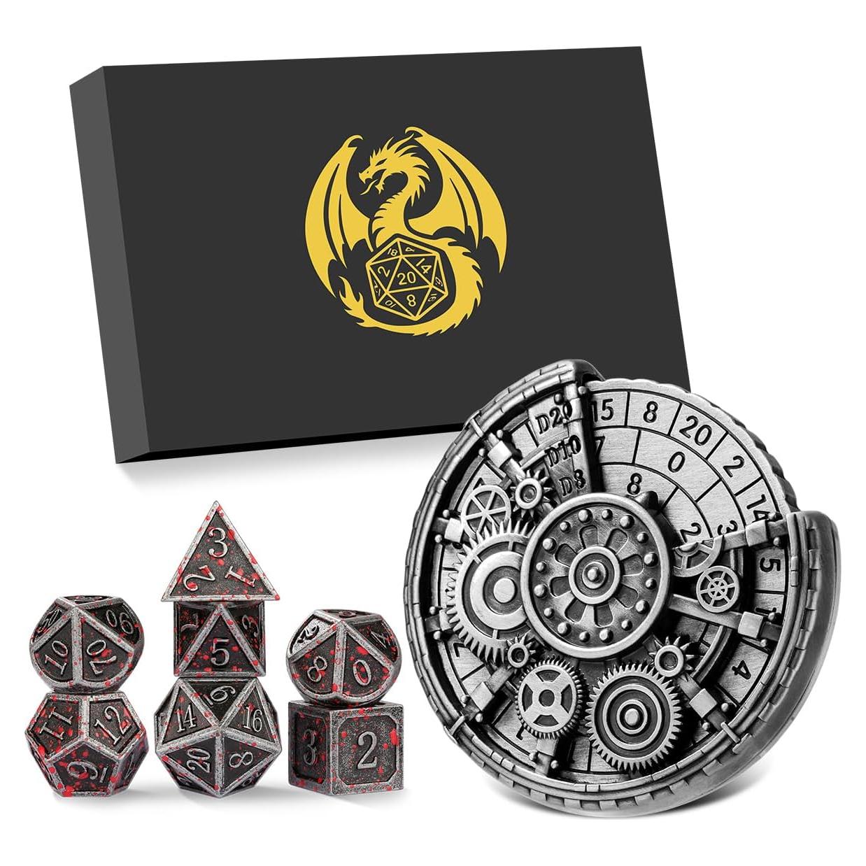 Set de Dados DND de Metal Plateado + Girador de Dados 7 Piezas