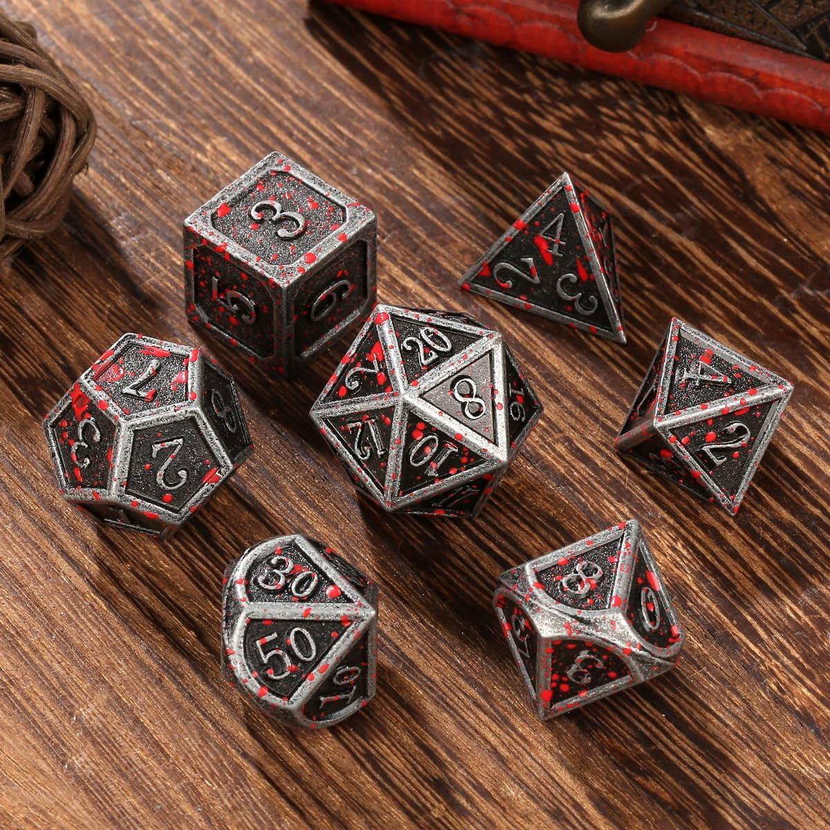 Set de Dados DND de Metal Plateado + Girador de Dados 7 Piezas
