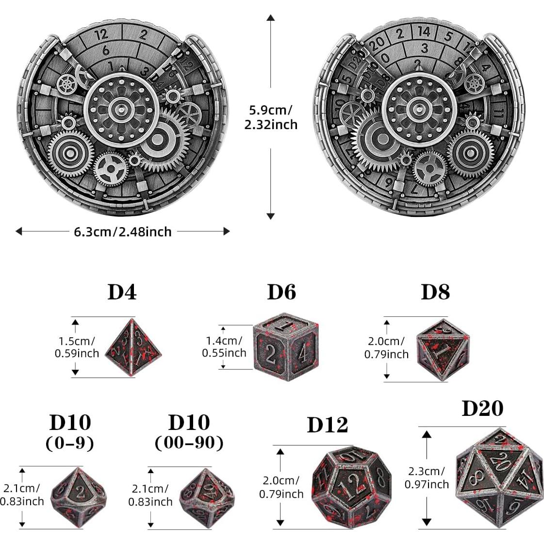 Set de Dados DND de Metal Plateado + Girador de Dados 7 Piezas