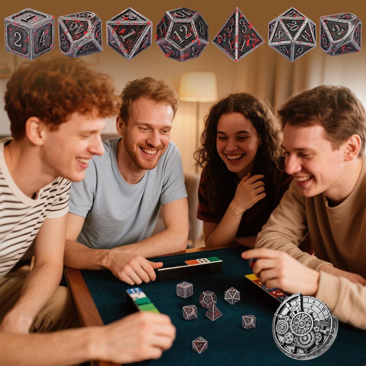 Set de Dados DND de Metal Plateado + Girador de Dados 7 Piezas