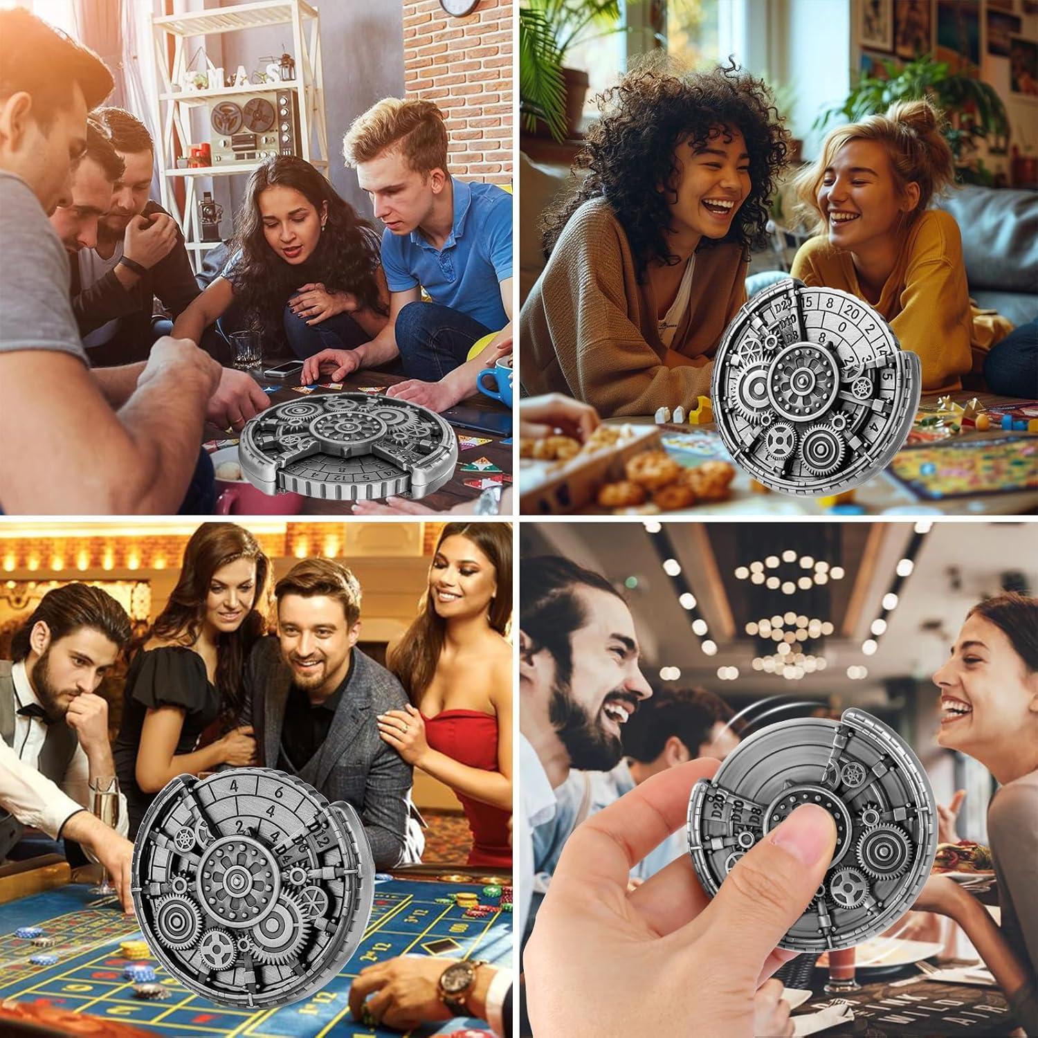 Set de Dados DND de Metal Plateado + Girador de Dados 7 Piezas