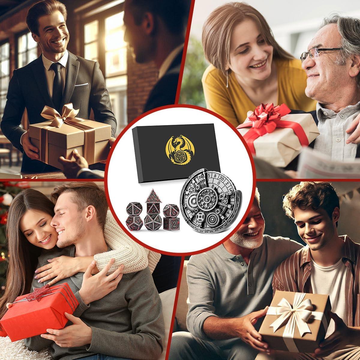 Set de Dados DND de Metal Plateado + Girador de Dados 7 Piezas