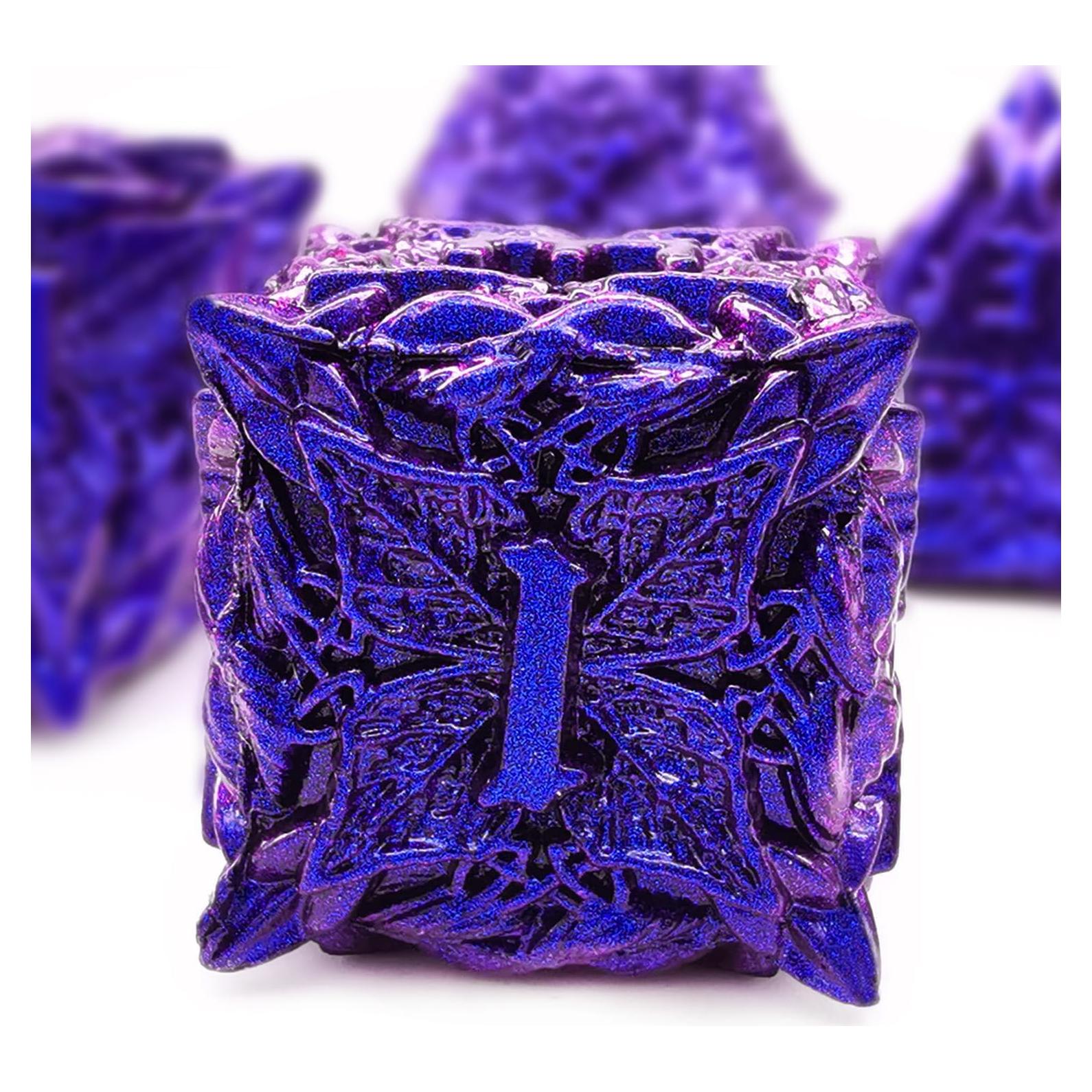 Juego de Dados Poliedricos HAOMEJA de Metal para D&D - 7 Dados Azul Púrpura