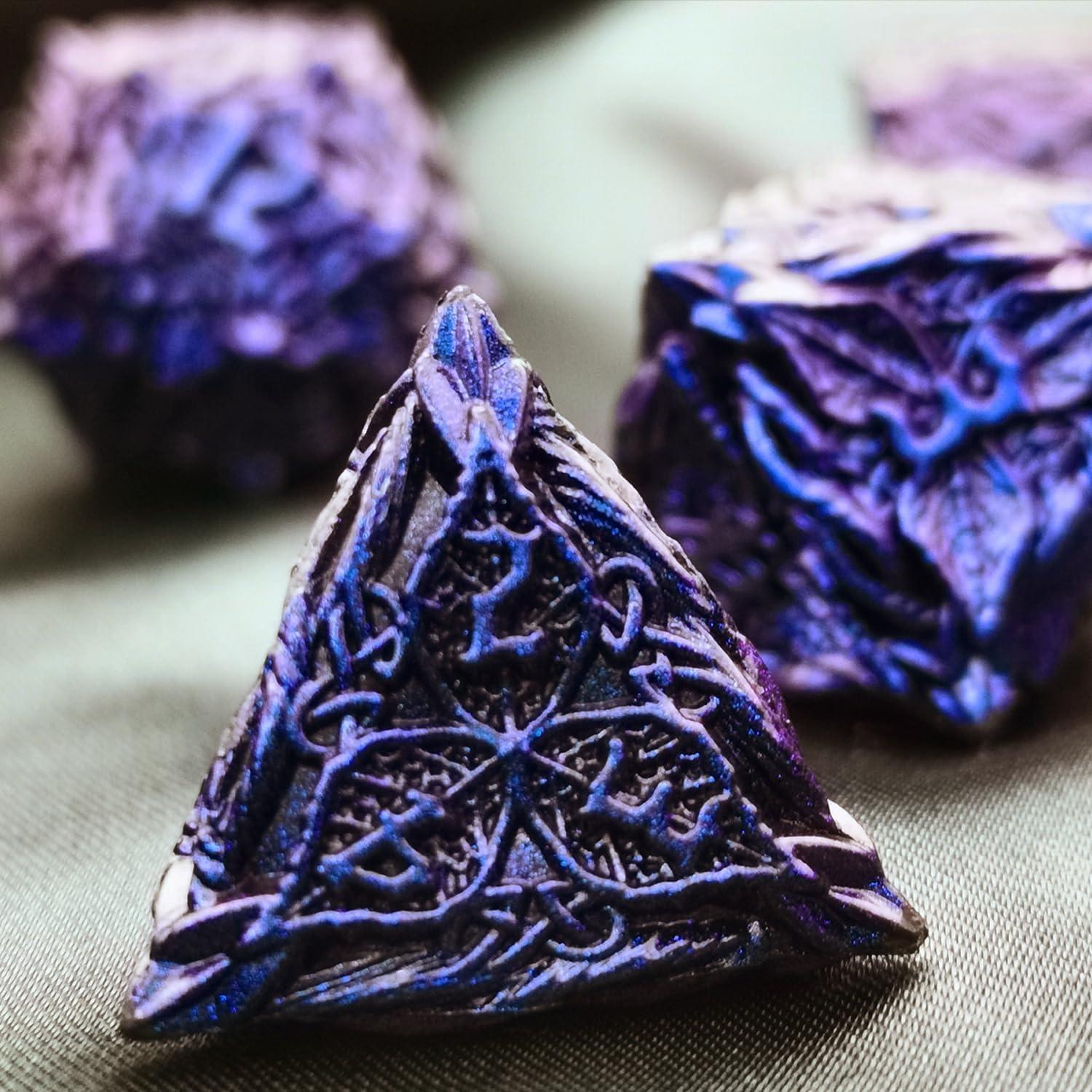 Juego de Dados Poliedricos HAOMEJA de Metal para D&D - 7 Dados Azul Púrpura