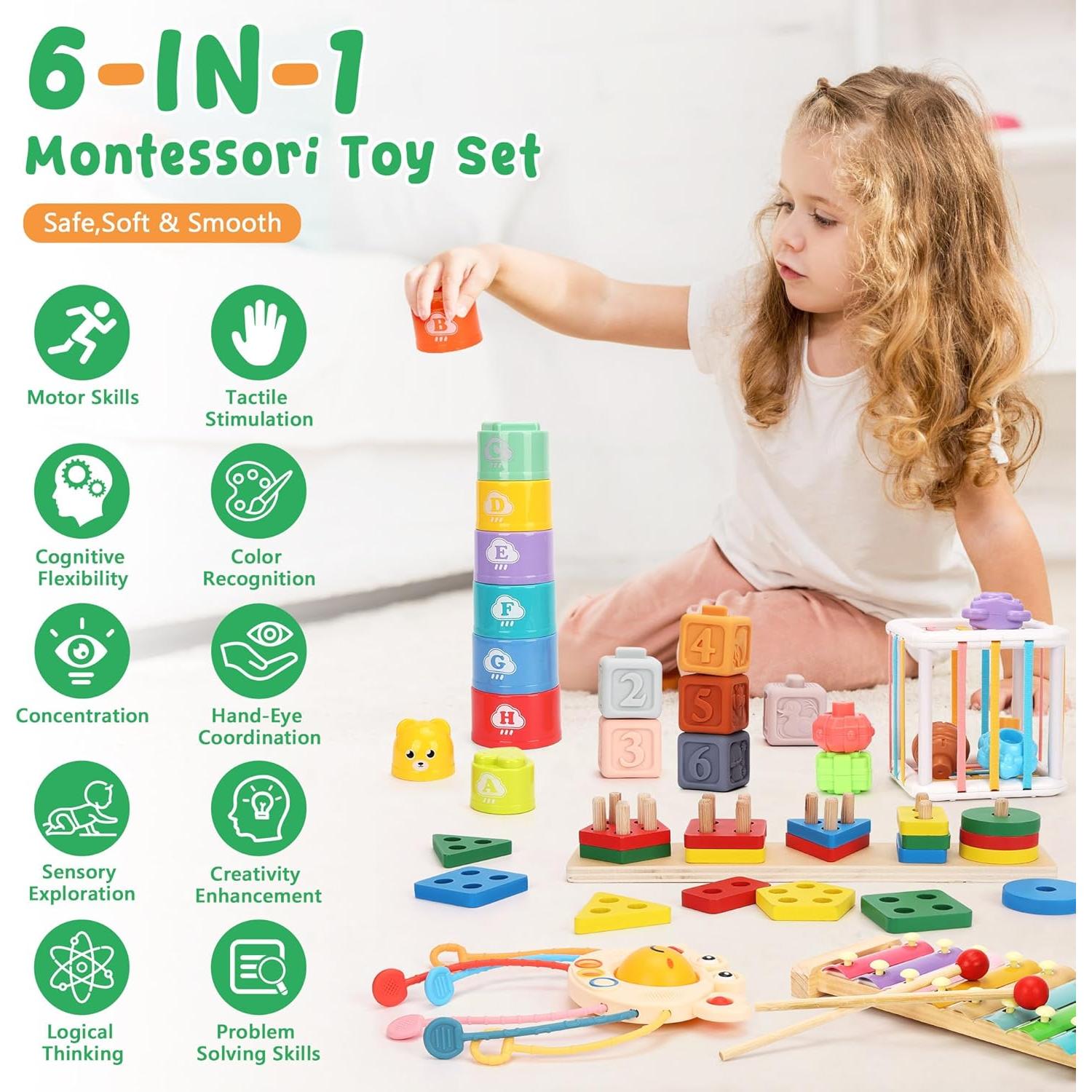 Juguetes Montessori FlufiFiea 6 en 1 para Bebés 6-12 Meses